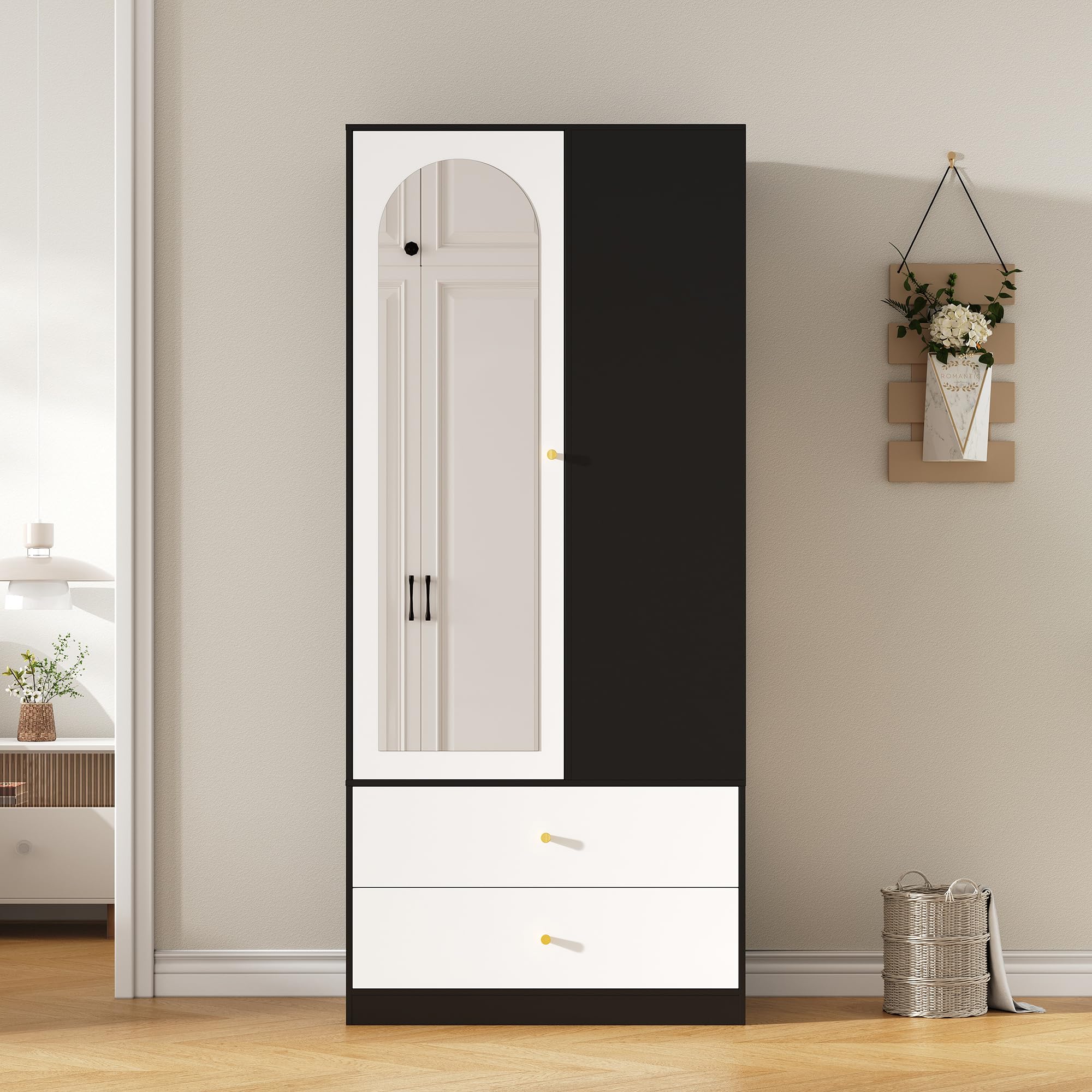 Armadio 80 x 40 x 180 cm specchio porta guardaroba moderno a 2 cassetti, 4 ripiani, versatile camera da letto, bianco e nero
