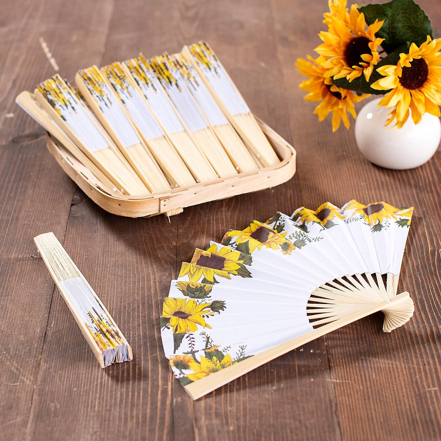 Bulk 48 Pieces Sunflower Printed Folding Hand Fans