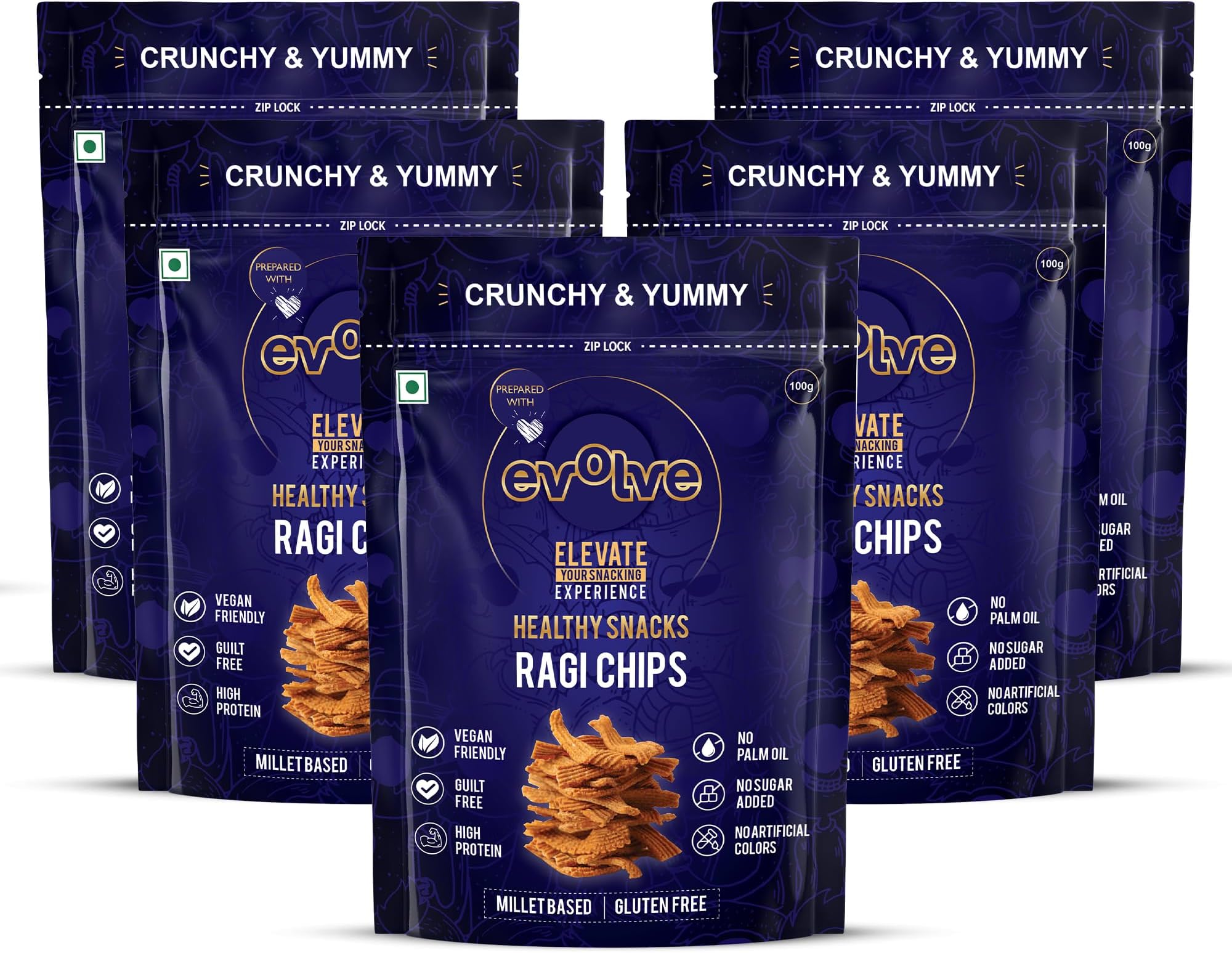 Evolve Ragi Chips Combo Healthy Snack for Kids, Adults | Gluten Free, Vegan, No Artificial Color & Sugar, Millet Blend, Ideal for Weight Loss - 100g Pack of 5
