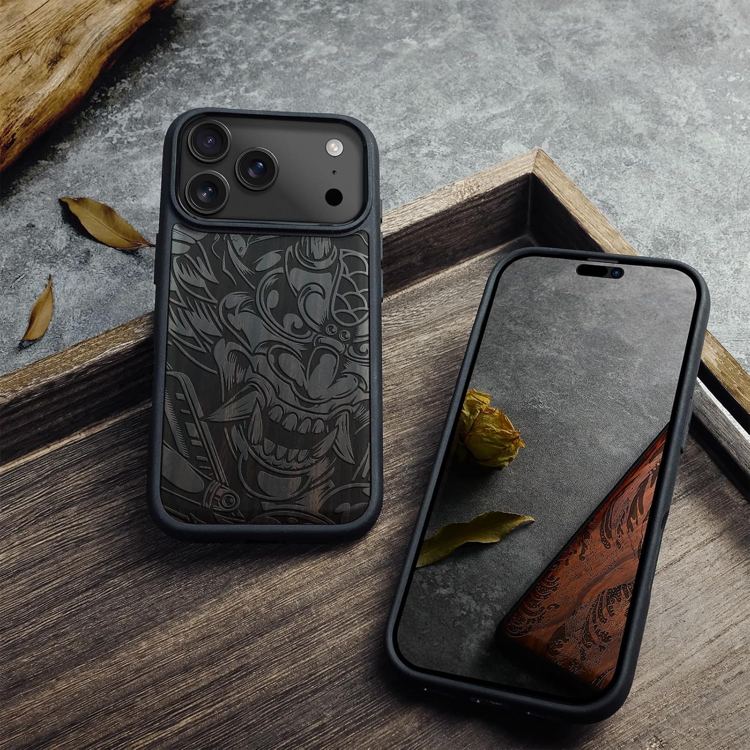 Carveit Magnetic Wooden Case for iPhone 17 Pro Case, Wood Artisan Engraved & Black Soft TPU Shockproof Cover, Compatible with MagSafe Wireless Chargers (Devil's Fury) Blackwood