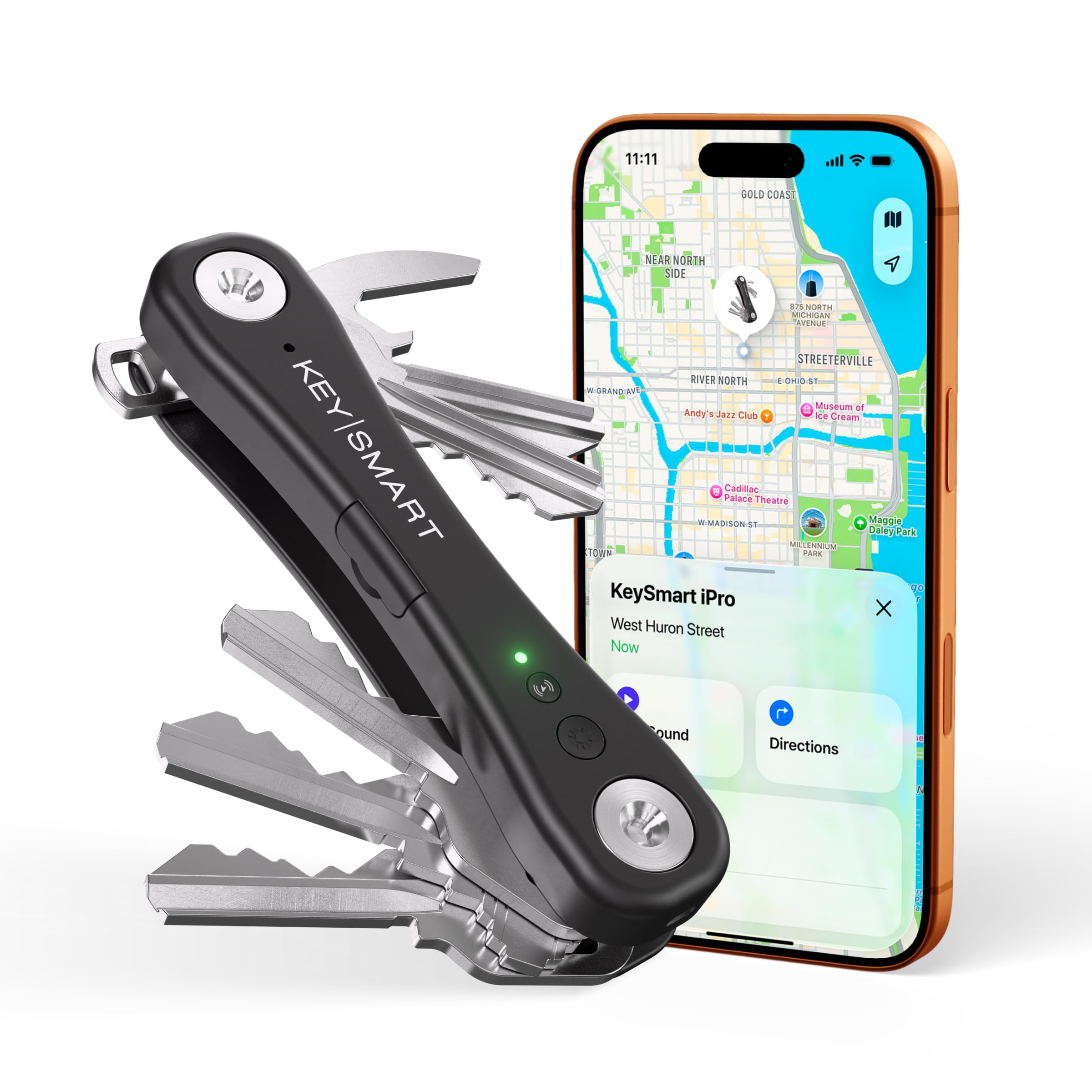 KeySmart iPro - Localizador de llaves con sonido, llavero compatible con Apple Find My App, organizador de llaves, rastreador compacto sin desorden, regalos tecnológicos para hombres (hasta 14 llaves