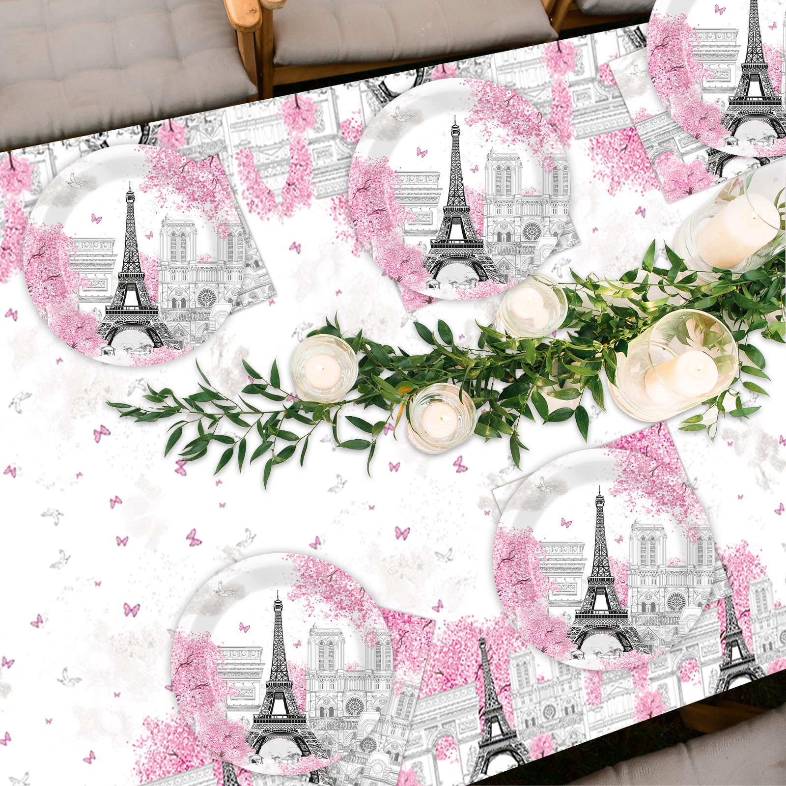 ZOIIWA Juego de platos y servilletas de papel para decoración de fiesta temática de París, Torre Eiffel, mantel desechable rosa para decoración de baby shower, suministros de fiesta de París