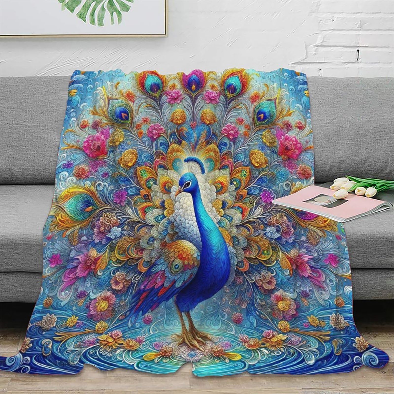 Couverture lit microfibre paon 3d 100x130cm chaude pour adulte