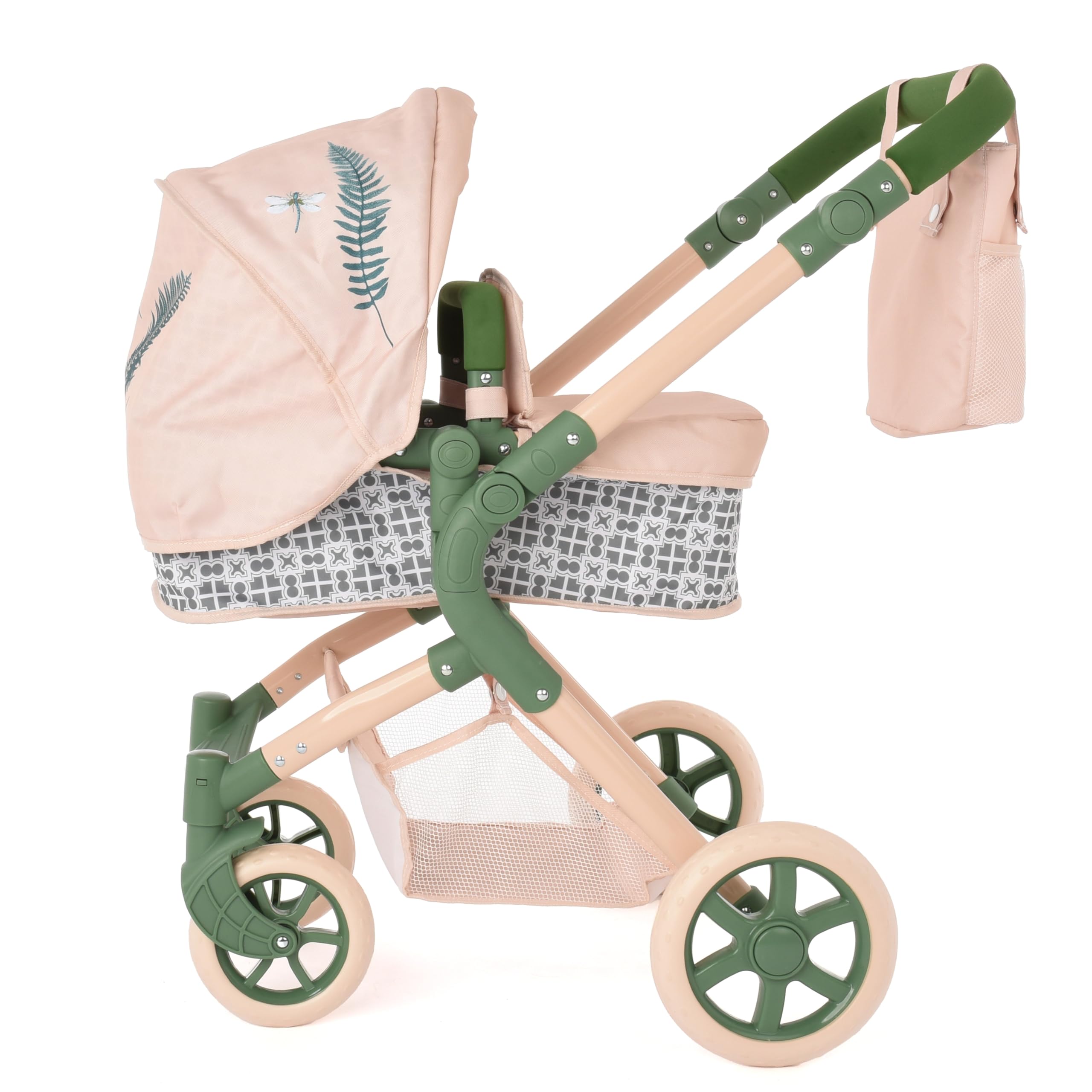 Roma Single Baby Toy Stroller with Lightweight Frame, 2-in-1 Baby Doll Accessories, Adjustable Handle, Carry Cot to Seat Unit, for Ages 3-9, Includes Shopping Basket (RHS Fern)
