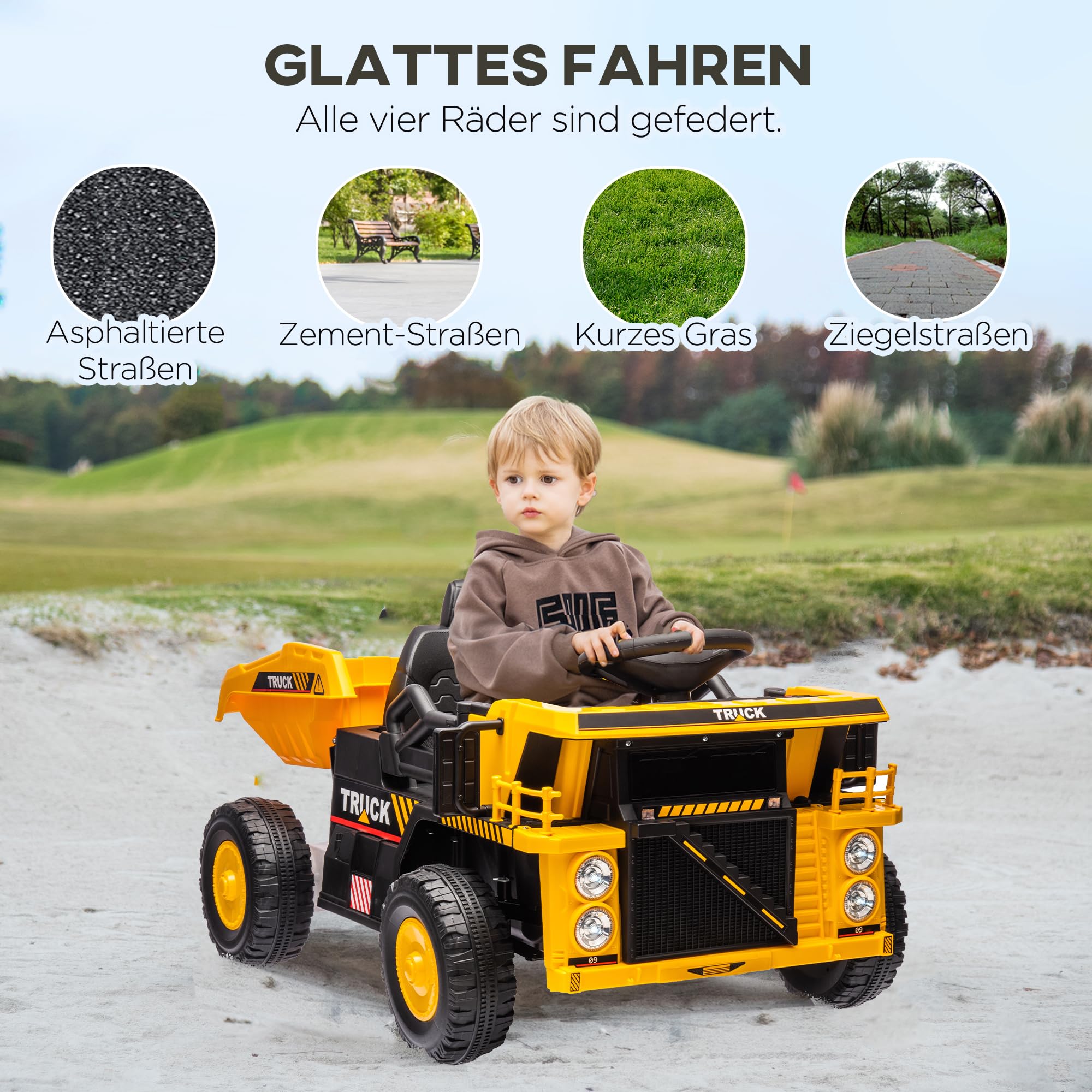 AIYAPLAY Elektrischer Traktor mit Schaufel, 12 V, für 3-5 Jahre, Gelb | Kinder Aufsitztraktor, Selbstfahrend, Kinder Elektroauto mit MP3 Funktion, Kinderfahrzeug mit Scheinwerfer, 3-6 km/h