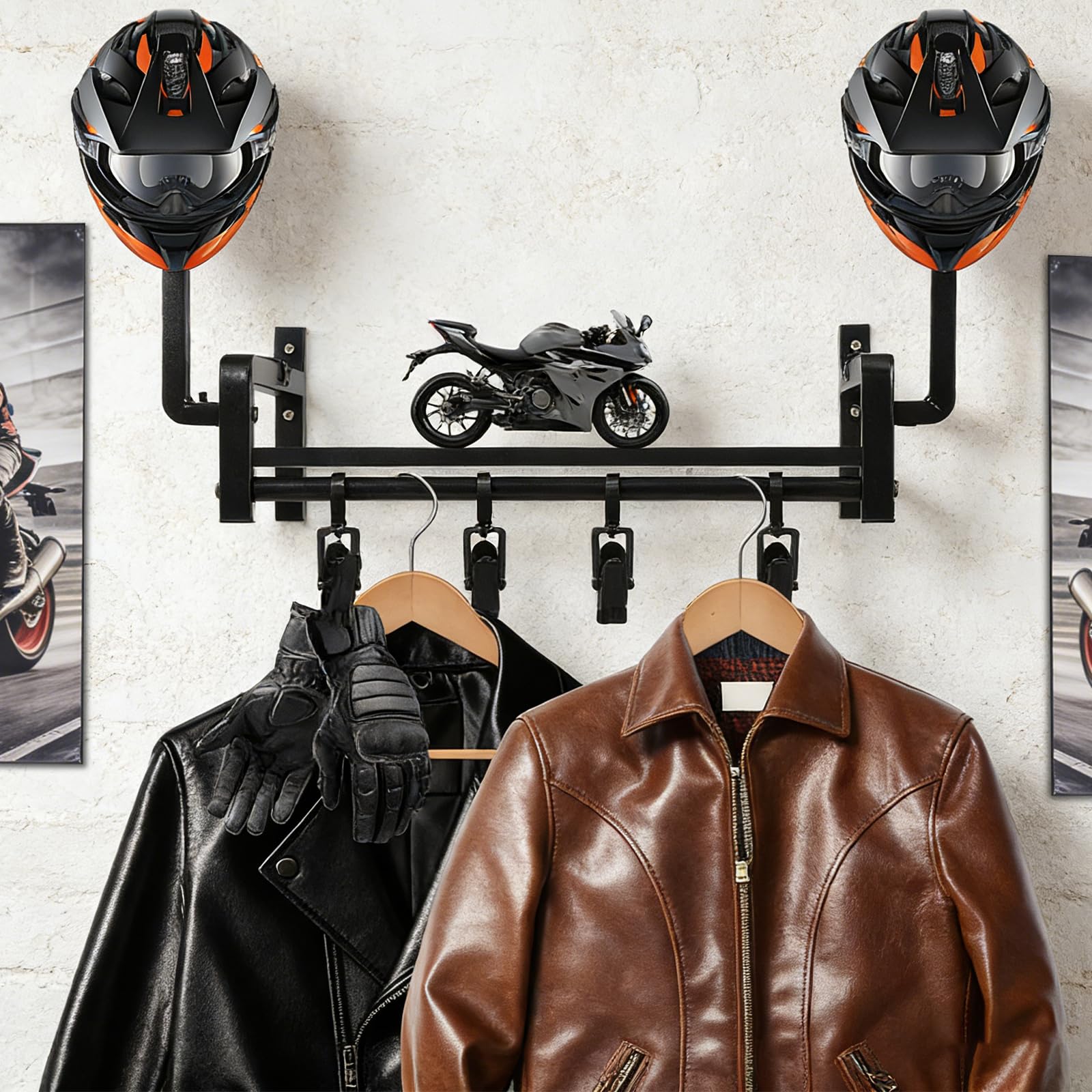 Helmhalterung Wand, Motorradhelm Halterung Display Organizer mit 2 Hutständern, Helmhalter Wandhalterung mit 4 Motorrad Handschuhhaken,Motorradkleidung Aufbewahrung für Fußballmotorräder(schwarz)