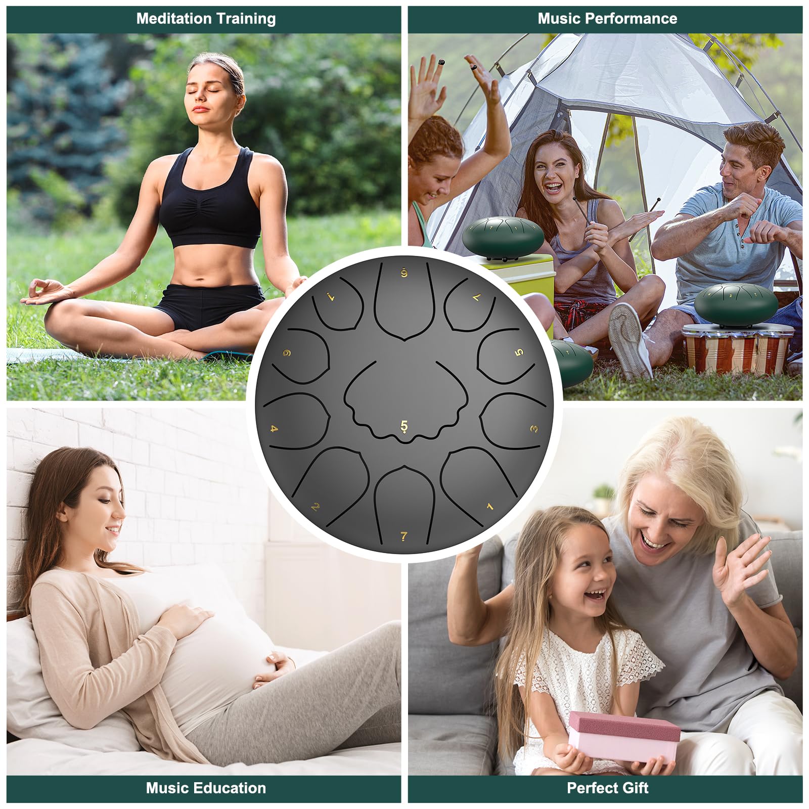 Rain Drum for Outside Garden, 8 Inches 11 Notes Steel Tongue Chakra Drum, Waterproof Meditation Rain Chime, Musical Instruments for Adult Gift with Bag, Music Book, Mallets (Black) 7