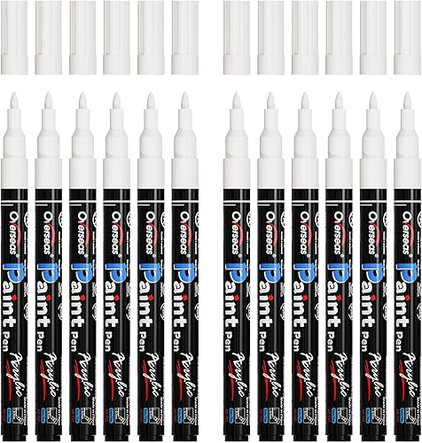 Overseas Marcadores de pintura Marcadores permanentes blancos de pintura acrílica, paquete de 12 unidades, a base de agua, impermeables, punta