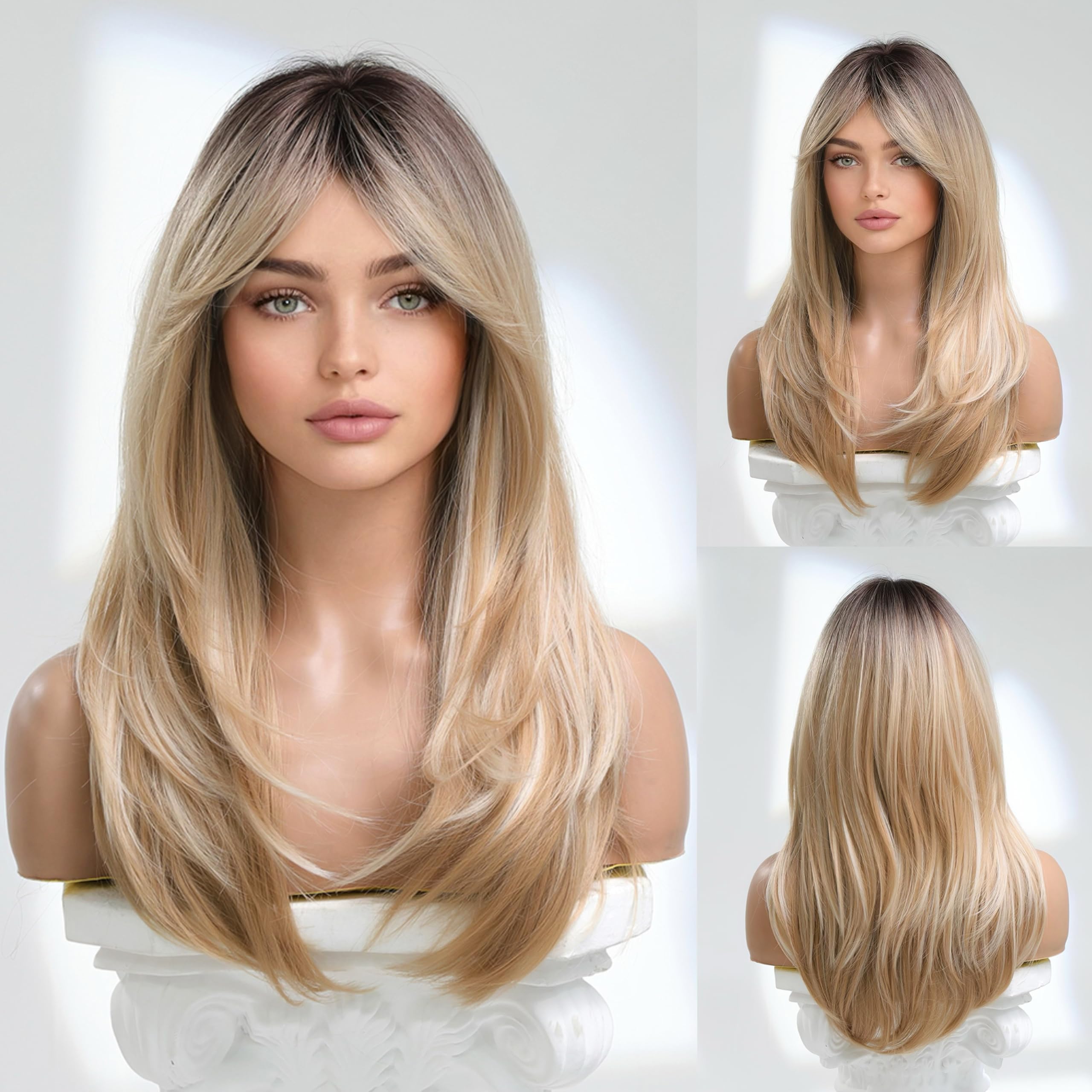 Women Long Blonde Ombre Wig with Deep Roots, Layered Synthetic Wig with Bangs Heat Resistant Fiber 24 Inch Daily Suitable