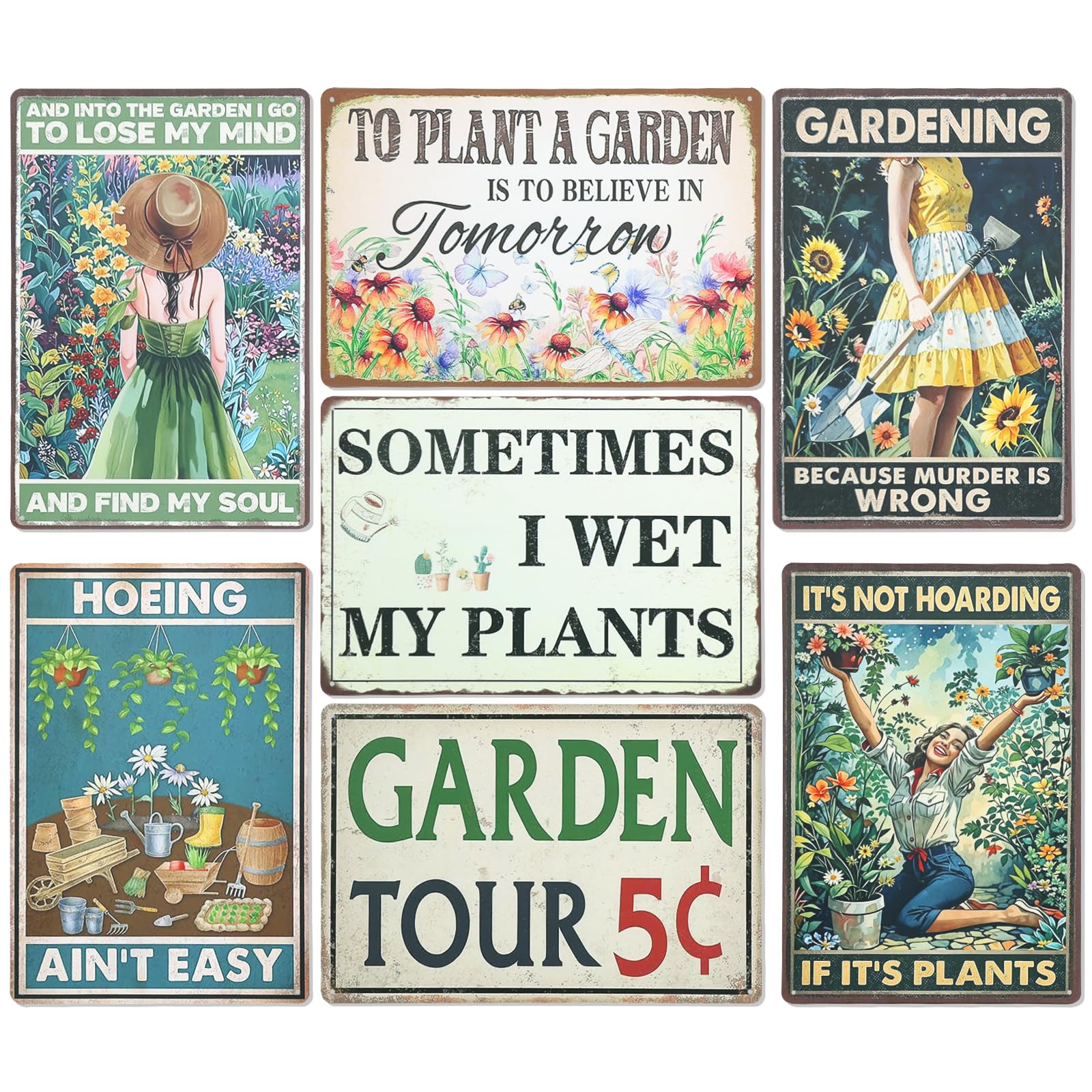 CWAGRQ 7 Pcs Vintage Metal Garden Signs, 30x20cm, Funny Garden Wall Plaques