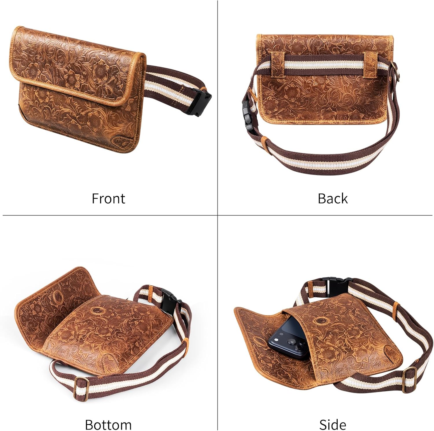 Genuine Leather Fanny Pack Men Women Multi-Pockets sling Waist Bag For Travel Sports Hiking Cycling Fishing Running Brown