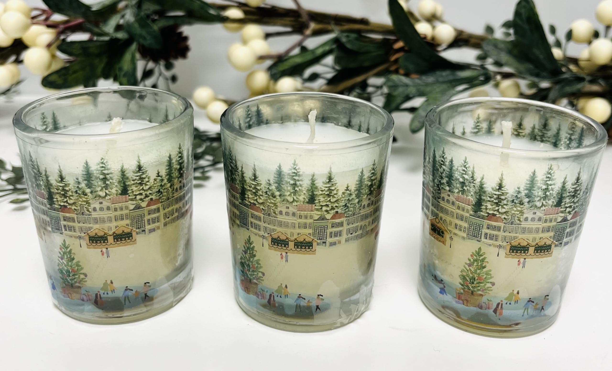 Christmas Scented Cinnamon Votive Candles, Set of 3, Winter Village Scene