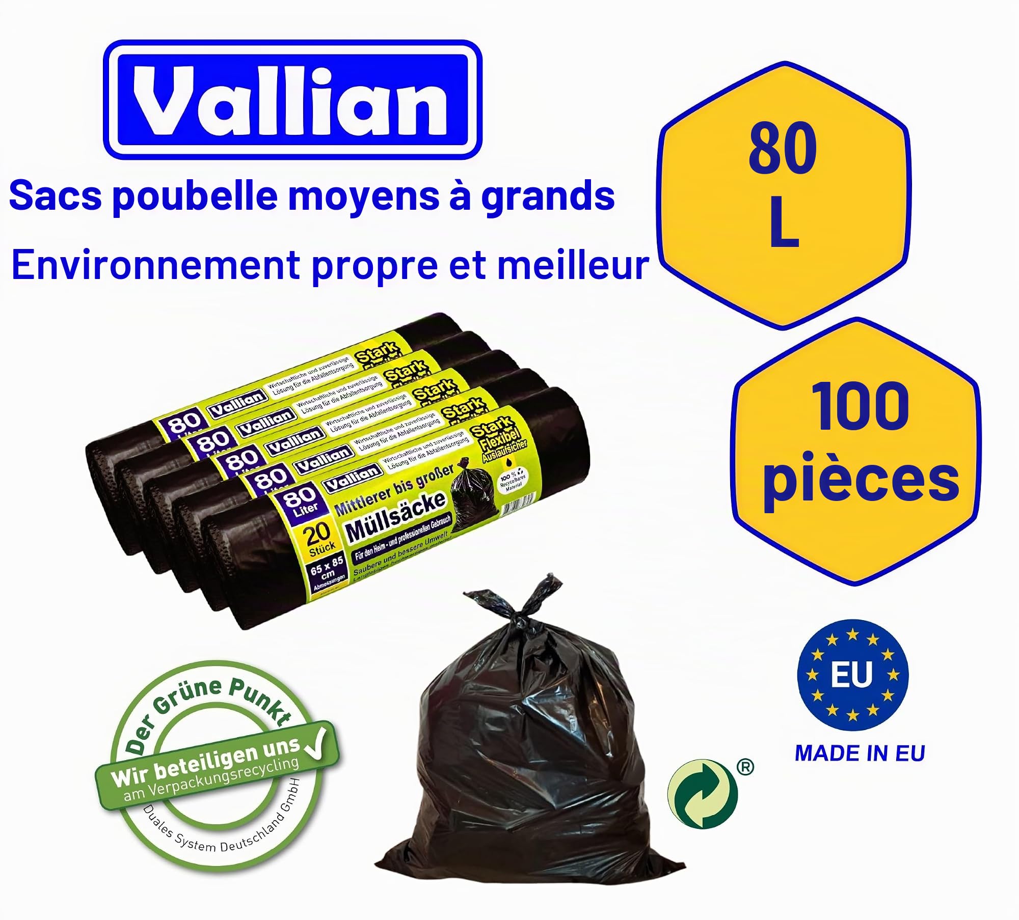 Sacs poubelle de 80 litres - Dimensions : 65 x 85 cm - 20 sacs par rouleau - Résistants à la déchirure, solides et flexibles - Lot de 5 rouleaux (100 sacs)