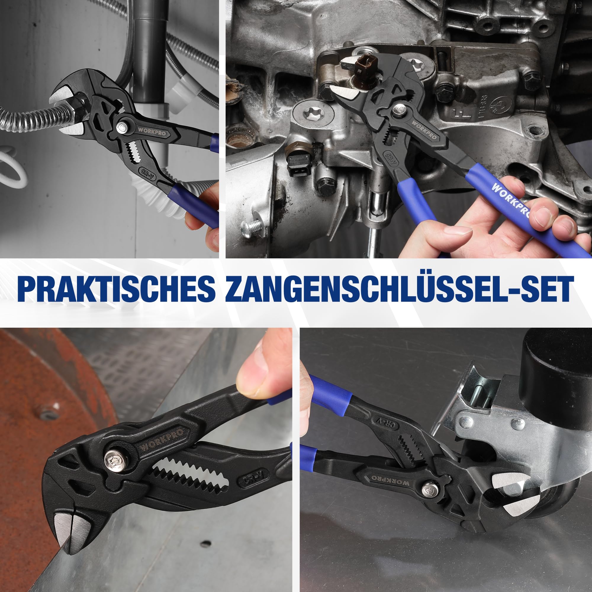 WORKPRO Zangenschlüssel-Set 2-teilig, 180mm & 255mm, Rillengelenkzange ohne Zähne, Hochwertiger Cr-V-Stahl, Paralleles Backendesign mit Doppelten Arbeitssparenden Griffen