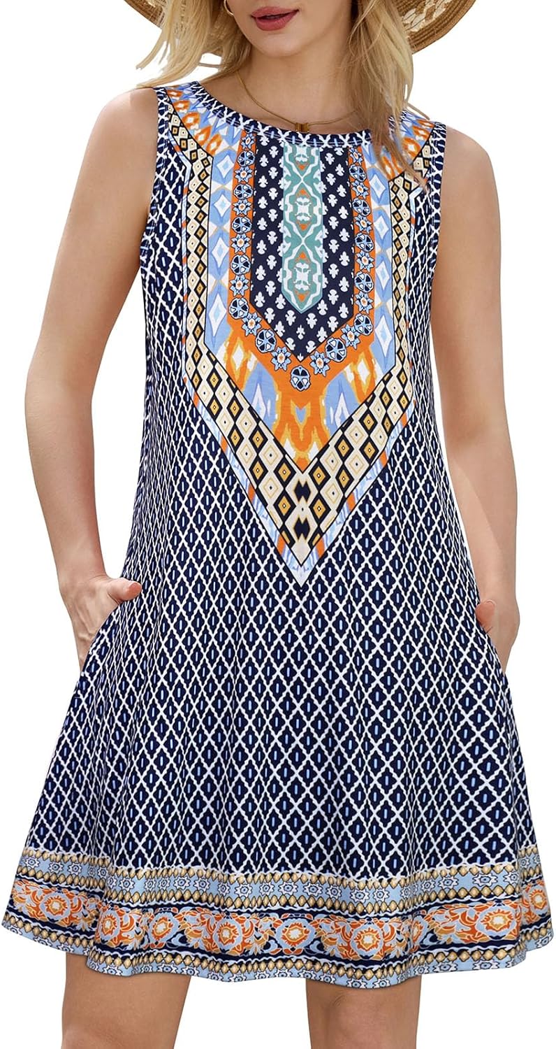 Summer Dresses for Women Beach Boho Sleeveless Vintage Floral Flowy Pocket Tshirt Tank Sundresses - Image 2