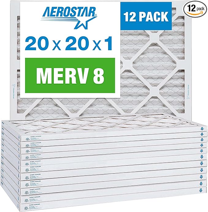 Aerostar 20x20x1 MERV 8 Pleated Air Filter, AC Furnace Air Filter, 6 Pack (Actual Size: 19 3/4" x 19 3/4" x 3/4")