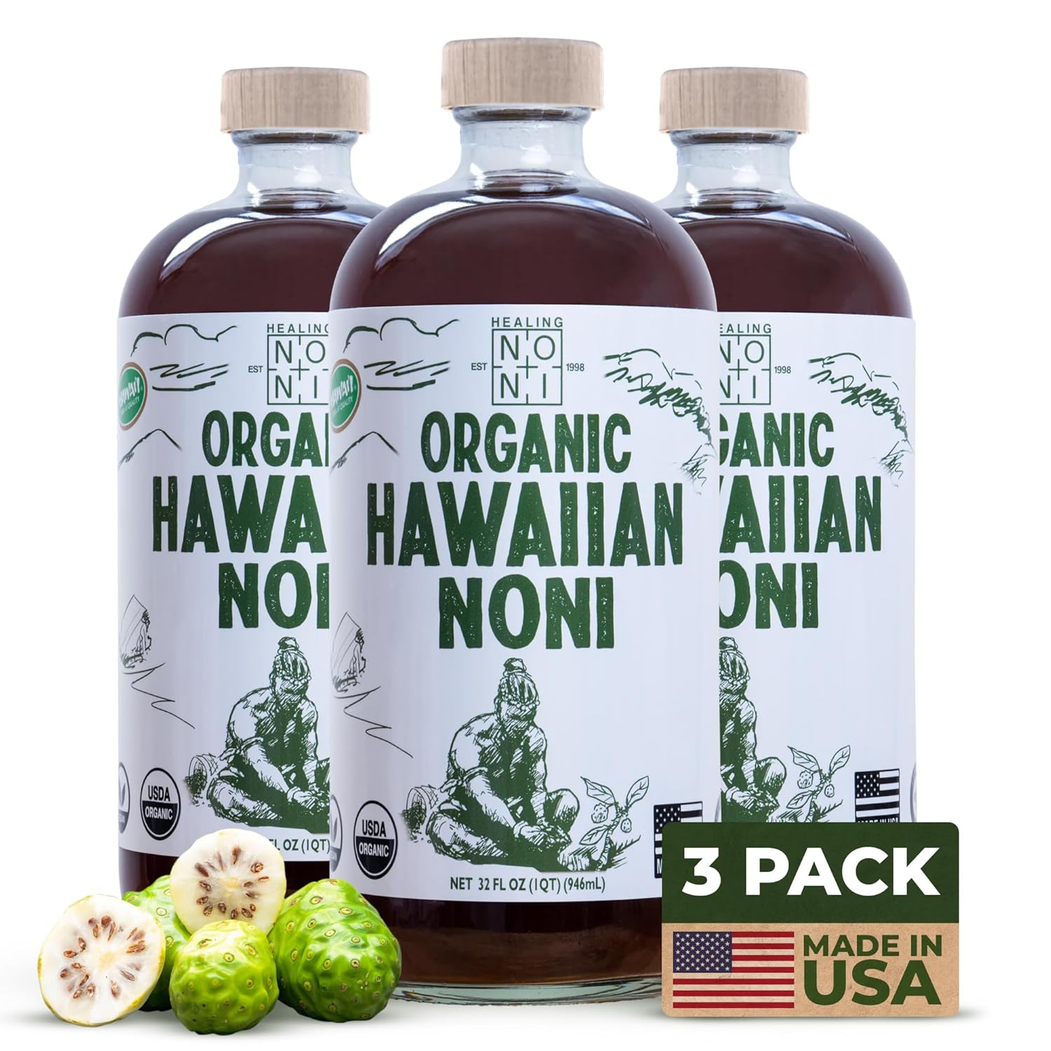 Healing Noni 3Pack Glass Bottle 32oz 100 Pure Hawaiian Organic Juice All
