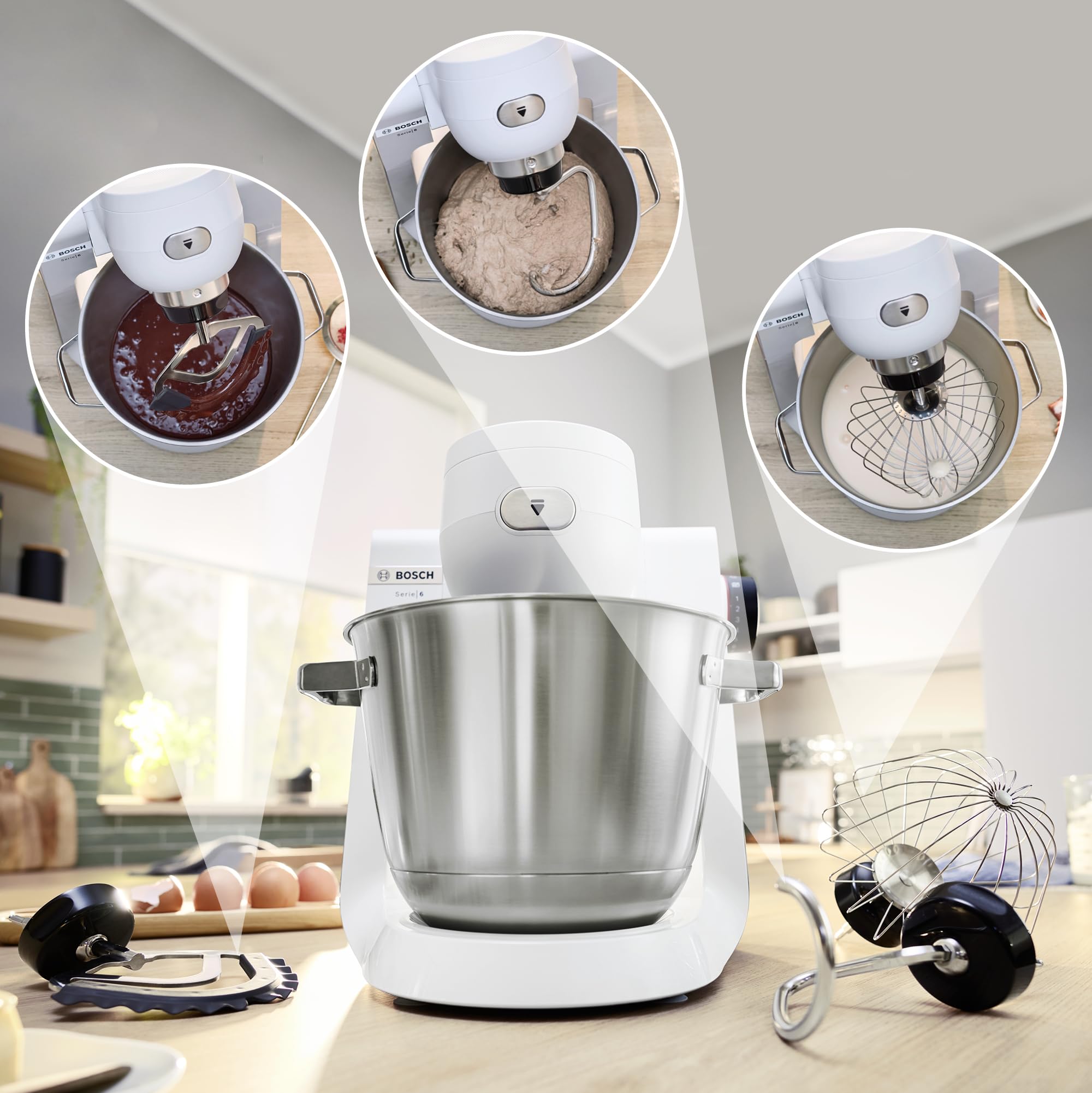 Bosch - Robot de Cocina, Serie 6, 1600W, Amasado Planetario 3D, Set de Pastelería, Triturador, Batidora de vaso ThermoSafe, Blanco, MUMS6EW22