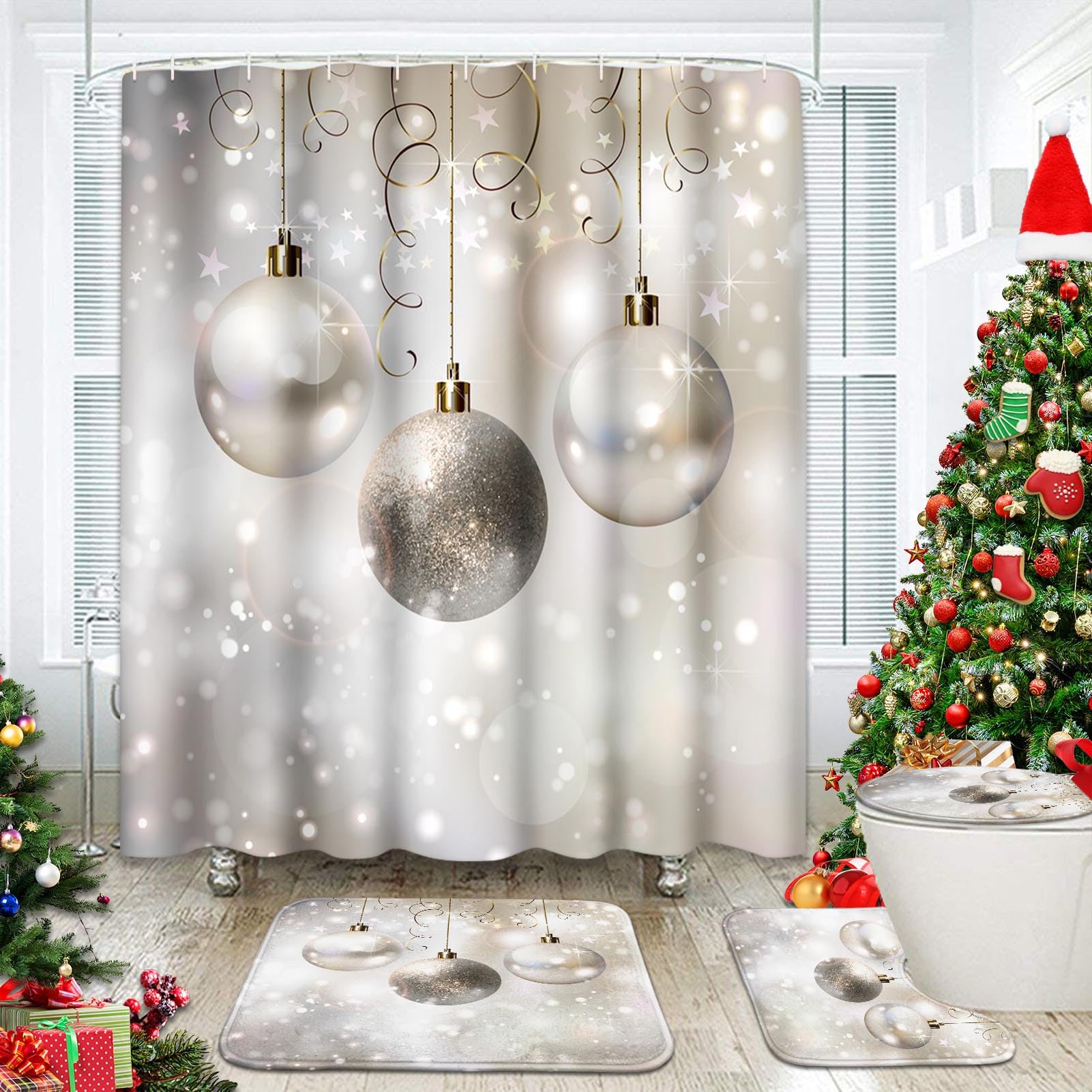 Rideaux de douche boules de Noël argentées : évitez les glissades grâce au tapis de bain