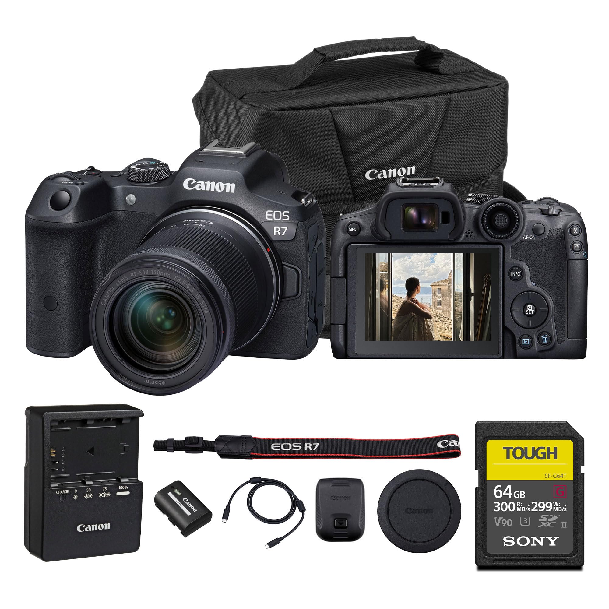 Canon EOS R7 Mirrorless Camera with 18-150mm Lens | Speed, Precision, and Versatility for Hybrid Creators (5137C009) + 64GB Memory Card + Canon