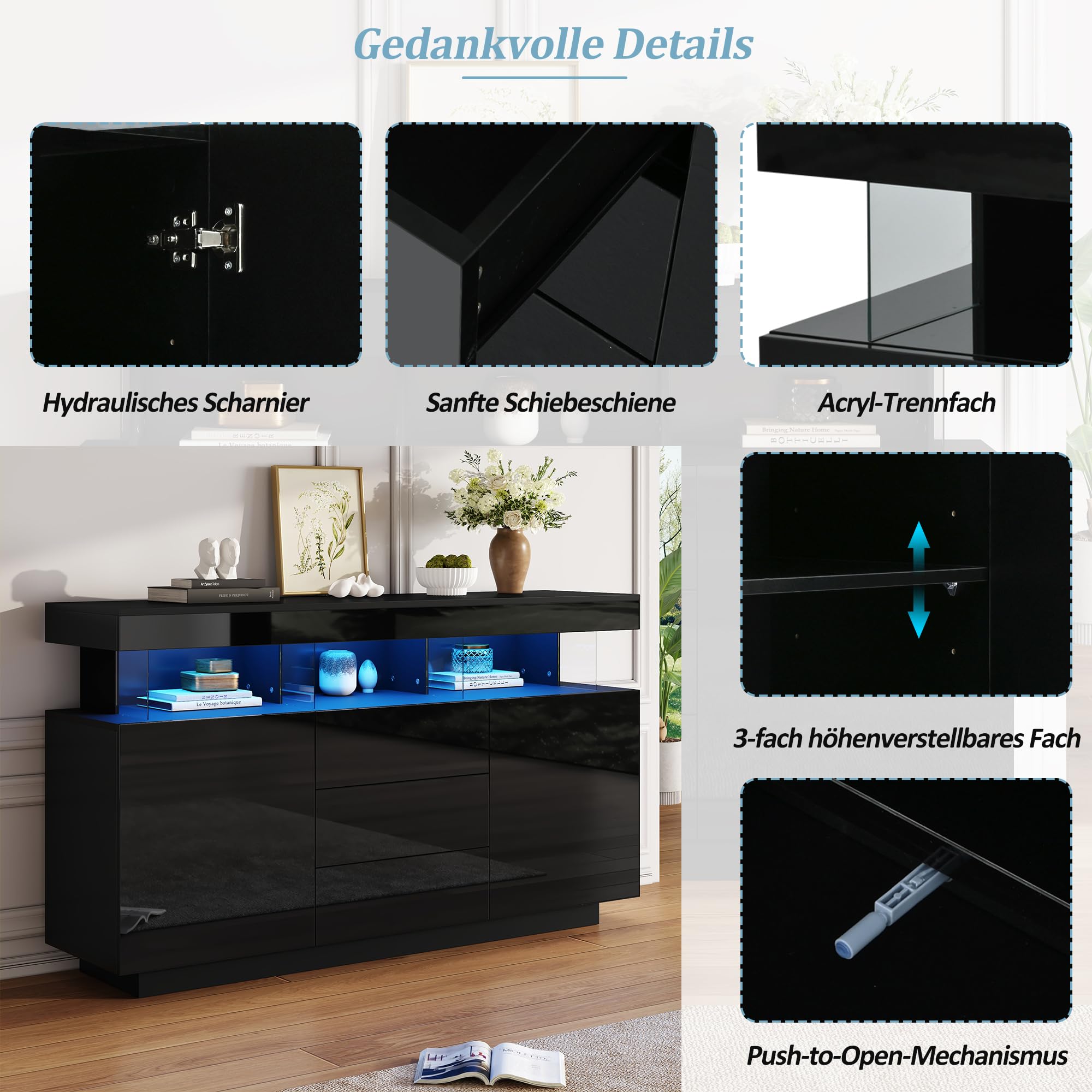 Sideboard Hochglanz 140cm Breit, Sideboard Wohnzimmer mit 16-farbigem Lichtstreifen, Highboard Geeignet für Wohnzimmer und Flur, 140x35x80cm, Schwarz