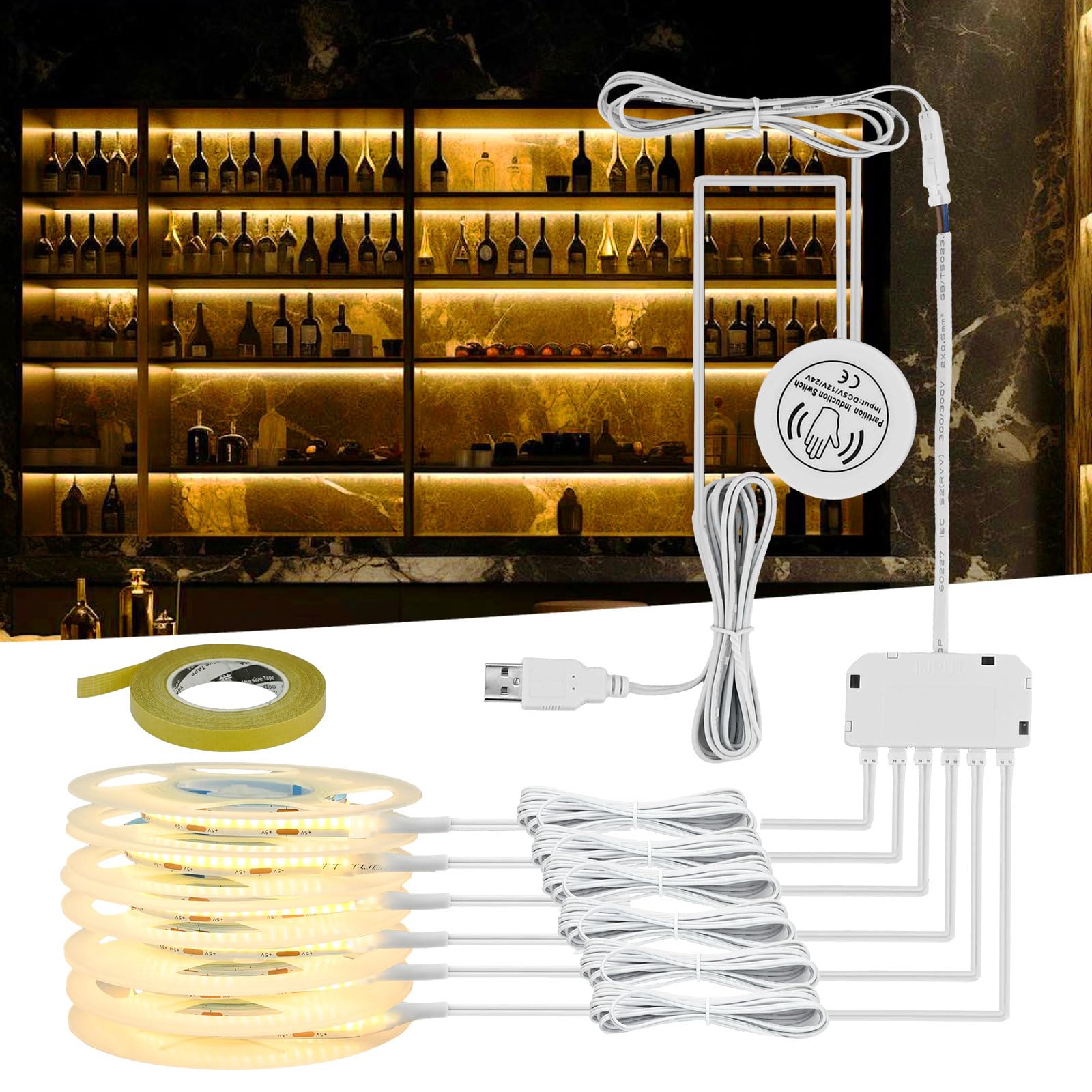 Under Cabinet Lights, 6pcs 1M USB COB LED Strip Light with Adhesive Tape, 3000K Warm White Dimmable Kitchen Cabinet Lights, Hidden Touch Sensor LED Strip Lights for Kitchen Wardrobe Shelf Cupboard