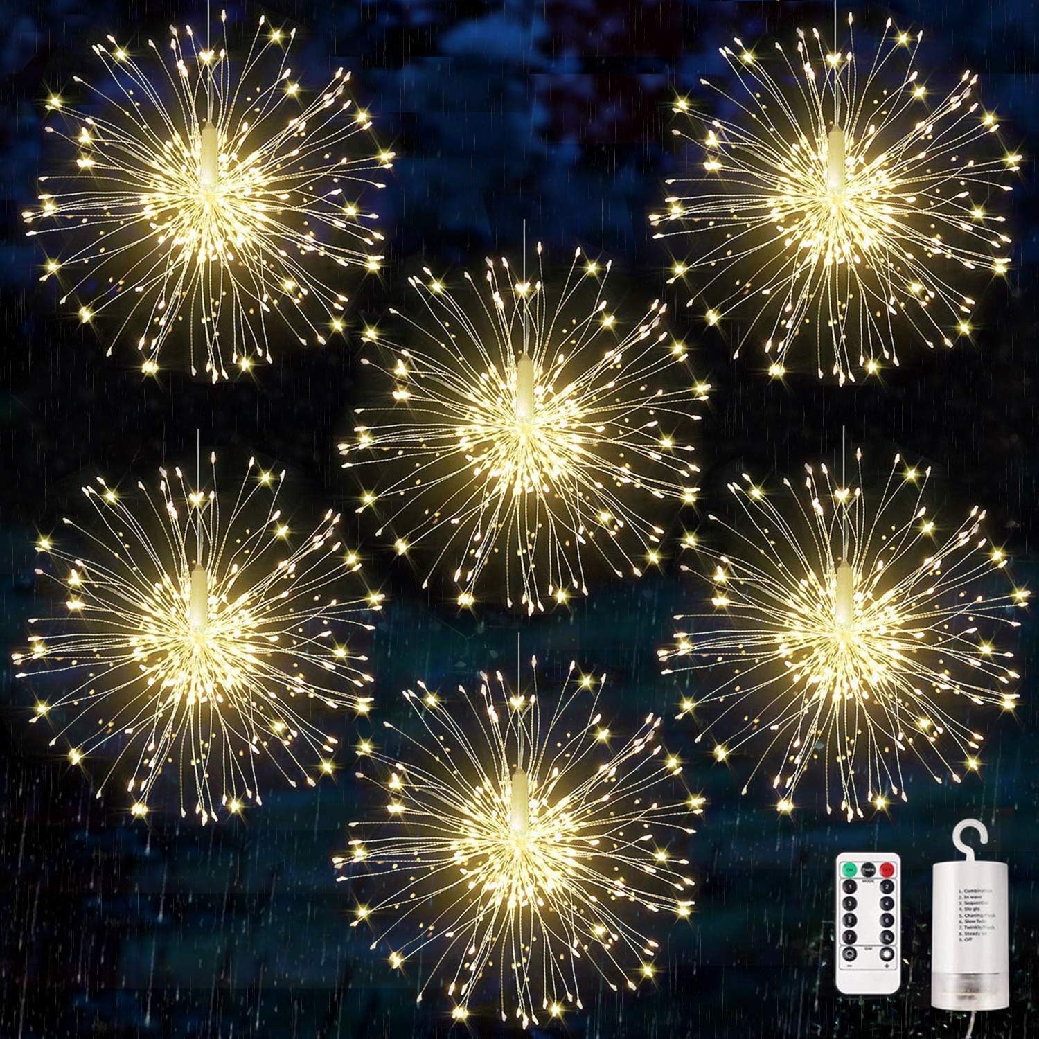 KIKILIVE 6 Pack Firework Lights - Copper Wire LED, Dimmable & Waterproof String Lights with 8 Modes & Remote Control for Indoors, Outdoors & Christmas