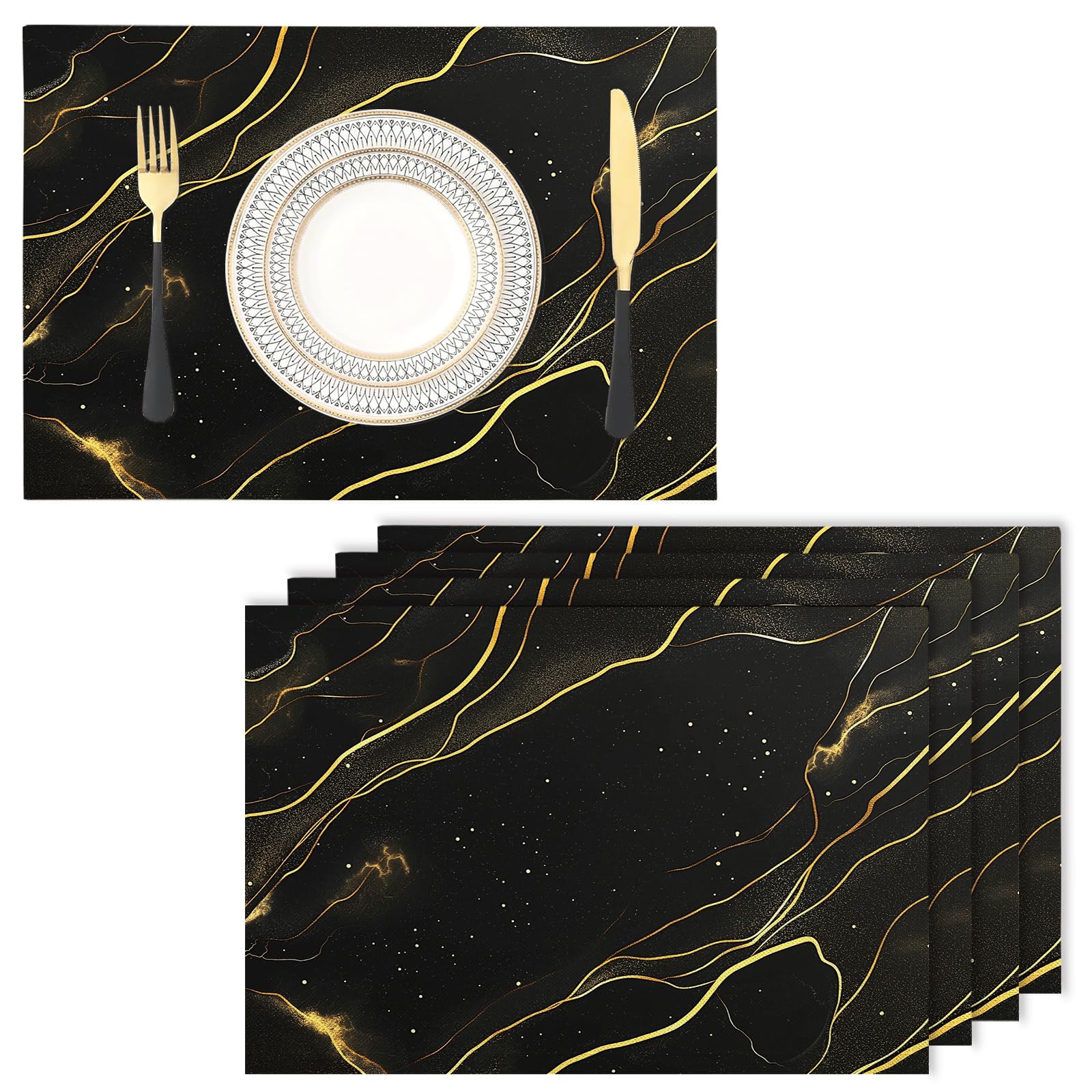 Cotton Linen Placemats - marble - Pack of 8 black Heat Resistant Washable Dinner Mats Kitchen Dining Place Dinner Table Setting