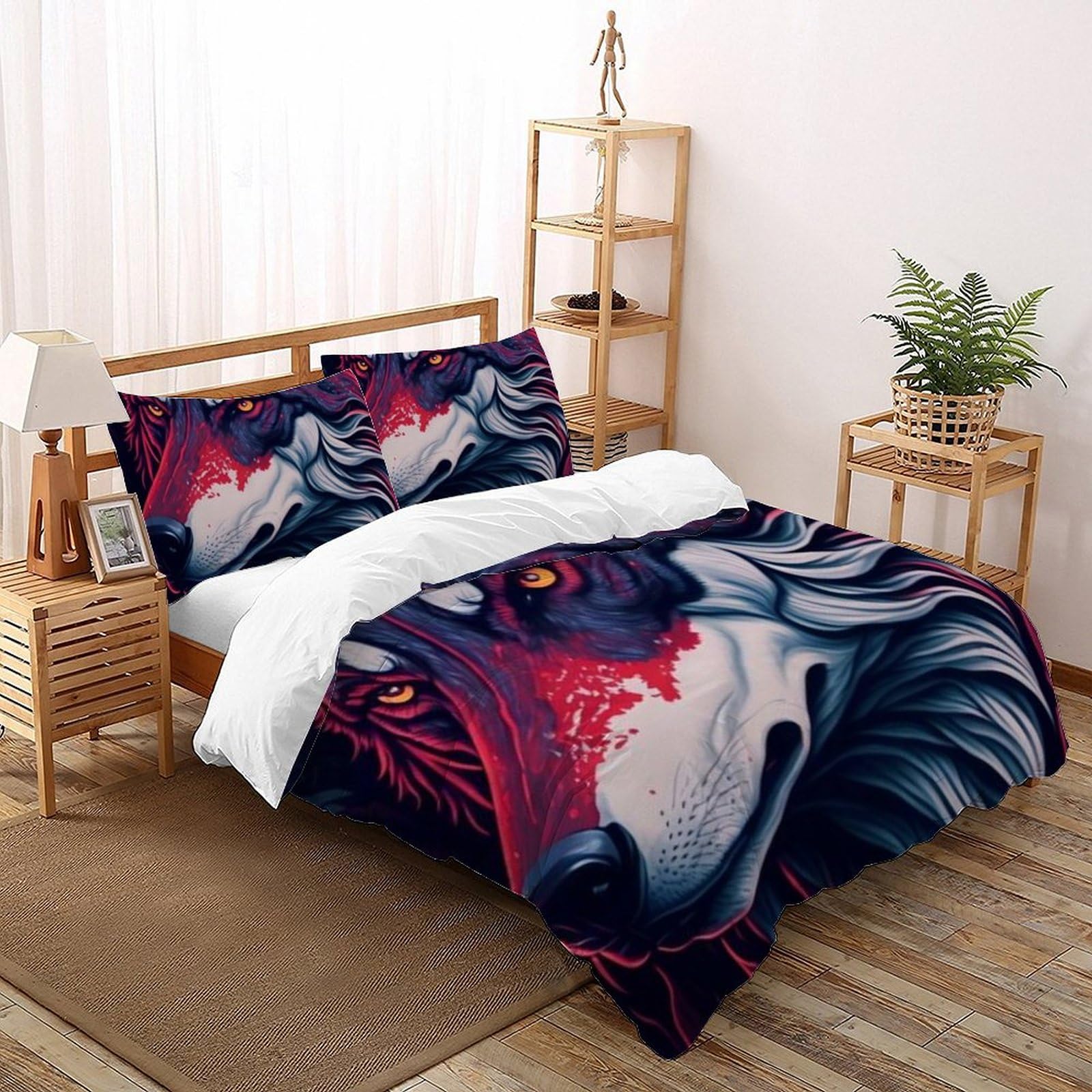 Parure housse de couette loup de feu 260x220cm literie 3D king size avec taies