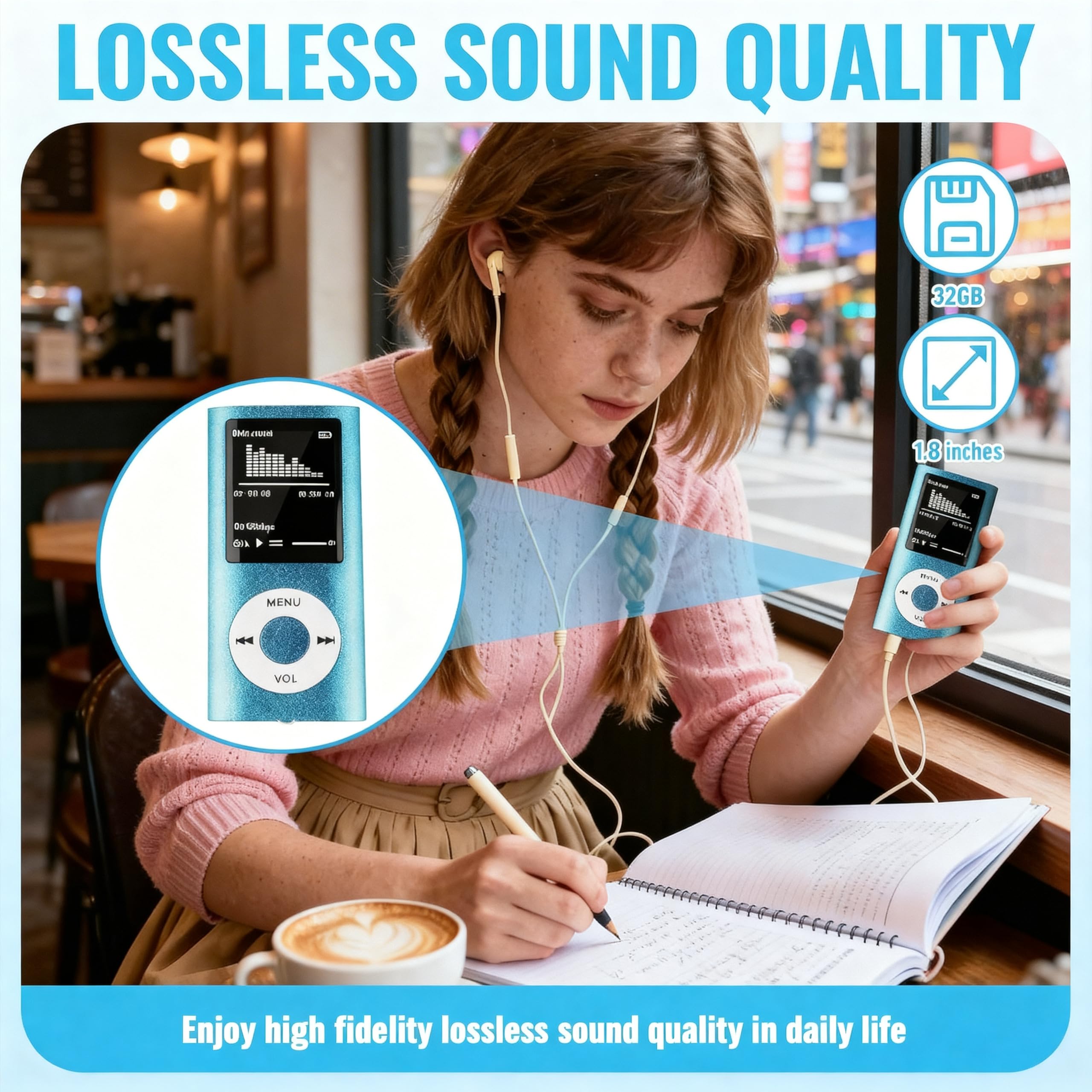 Lecteur de Musique HiFi Portable sans Perte MP3/MP4 avec 1.8 Pouces Écran LCD et Lecteur de Carte Mémoire, 32GB, Bleu