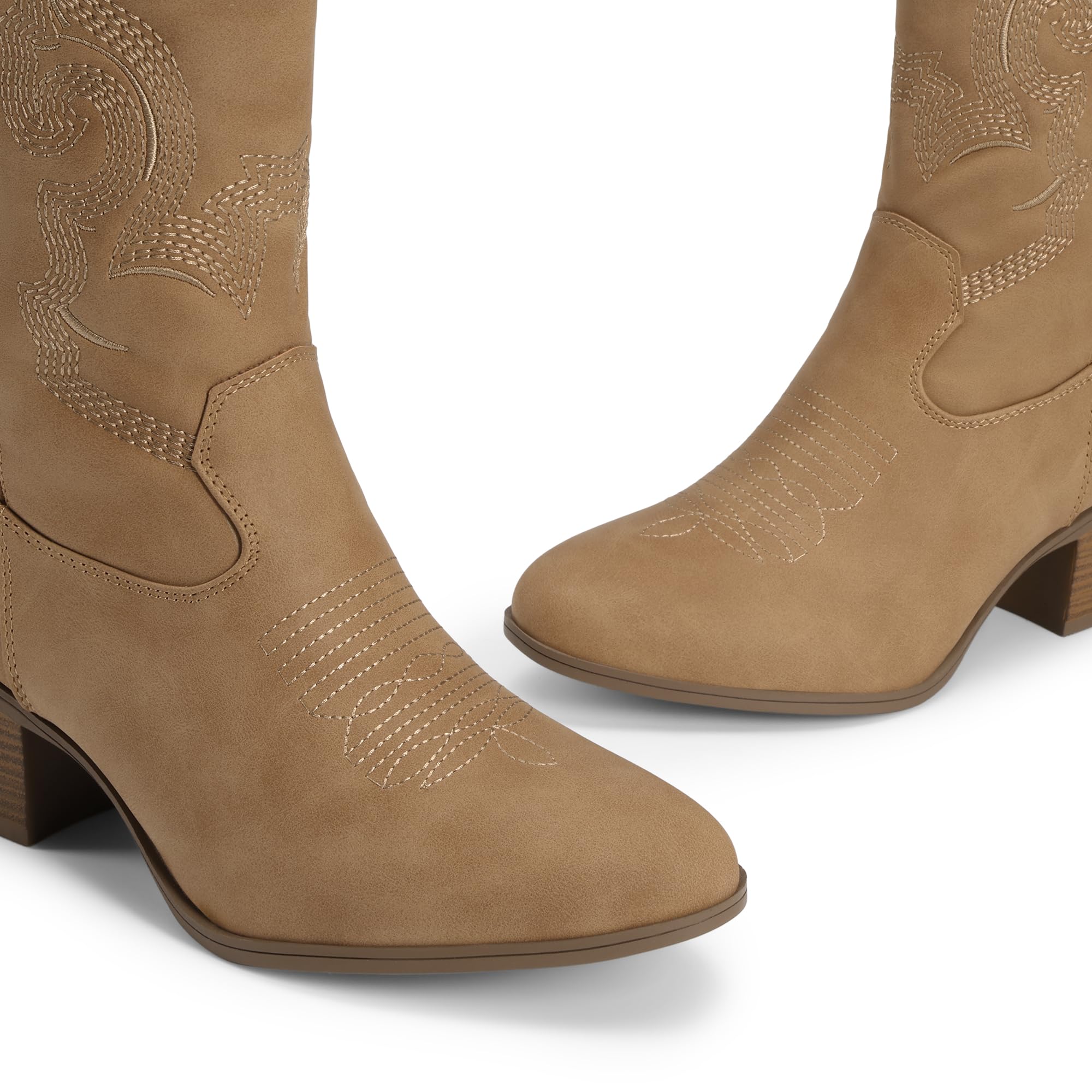 DREAM PAIRS Kowbojki dla kobiet, buty kowbojskie do połowy łydki z haftem okrągły nosek zachodnie grube buty na niskim obcasie | Buty westernowe z okrągłym noskiem, gruby niski obcas, buty do haftowania, festiwale muzyki country impreza tematyczna
