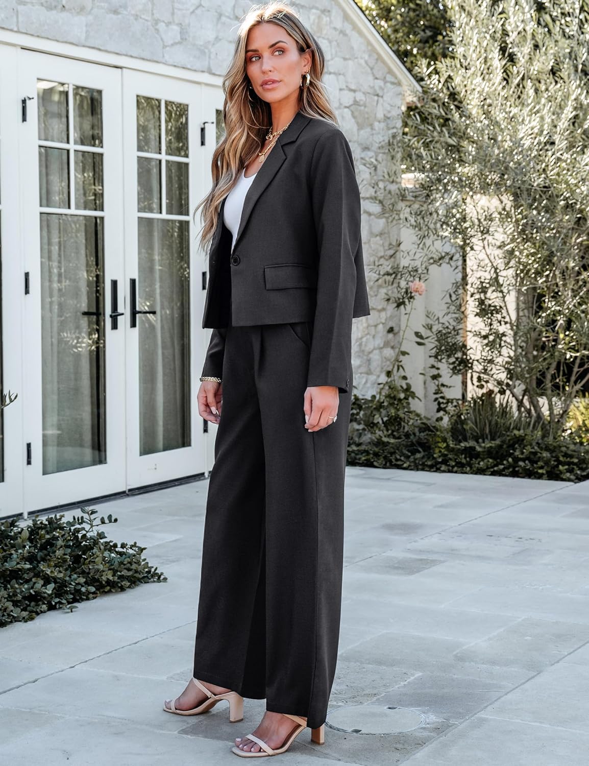 luvamia Suits for Women 2 Piece Sets Business Casual Outfits Dressy Cropped Blazer Wide Leg Pants Suit Office Work - Image 7