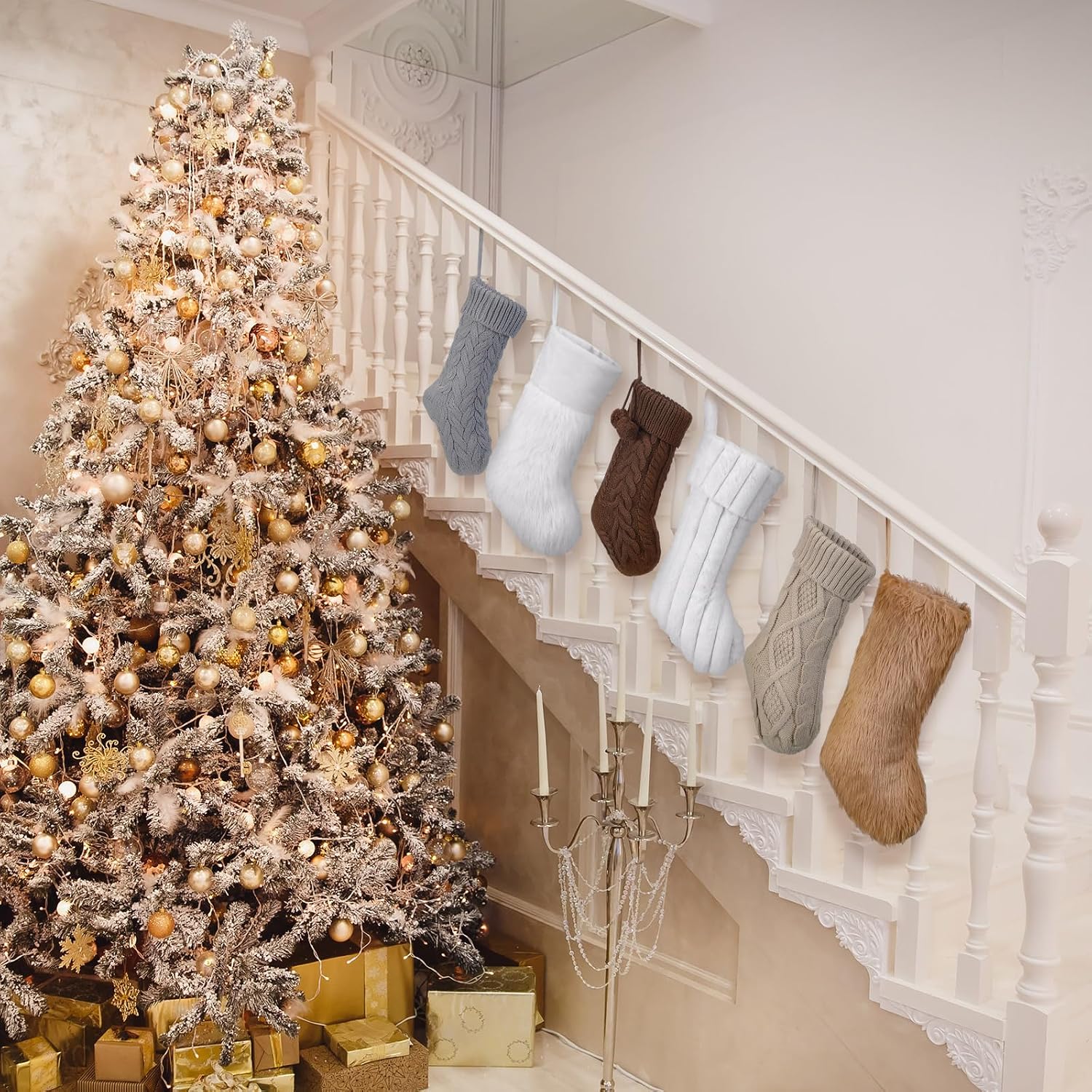 Chicingyou 6 Pcs Neutral Brown Christmas Stocking for Farmhouse Family Vintage Western Christmas Hanging Stocking 18" 15" Cozy Fur Knitted Xmas Home Decor for Xmas Fireplace Holiday Party Decorations