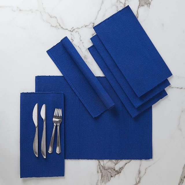 Encasa Homes Dining Placemats (Set of 6 pcs) made from Fine Ribbed Cotton - Perfect Size 48x33 cm, Smart Modern Colours & Designs, Use at Home, Cafes, Restaurants & Hotels - Solid Blue