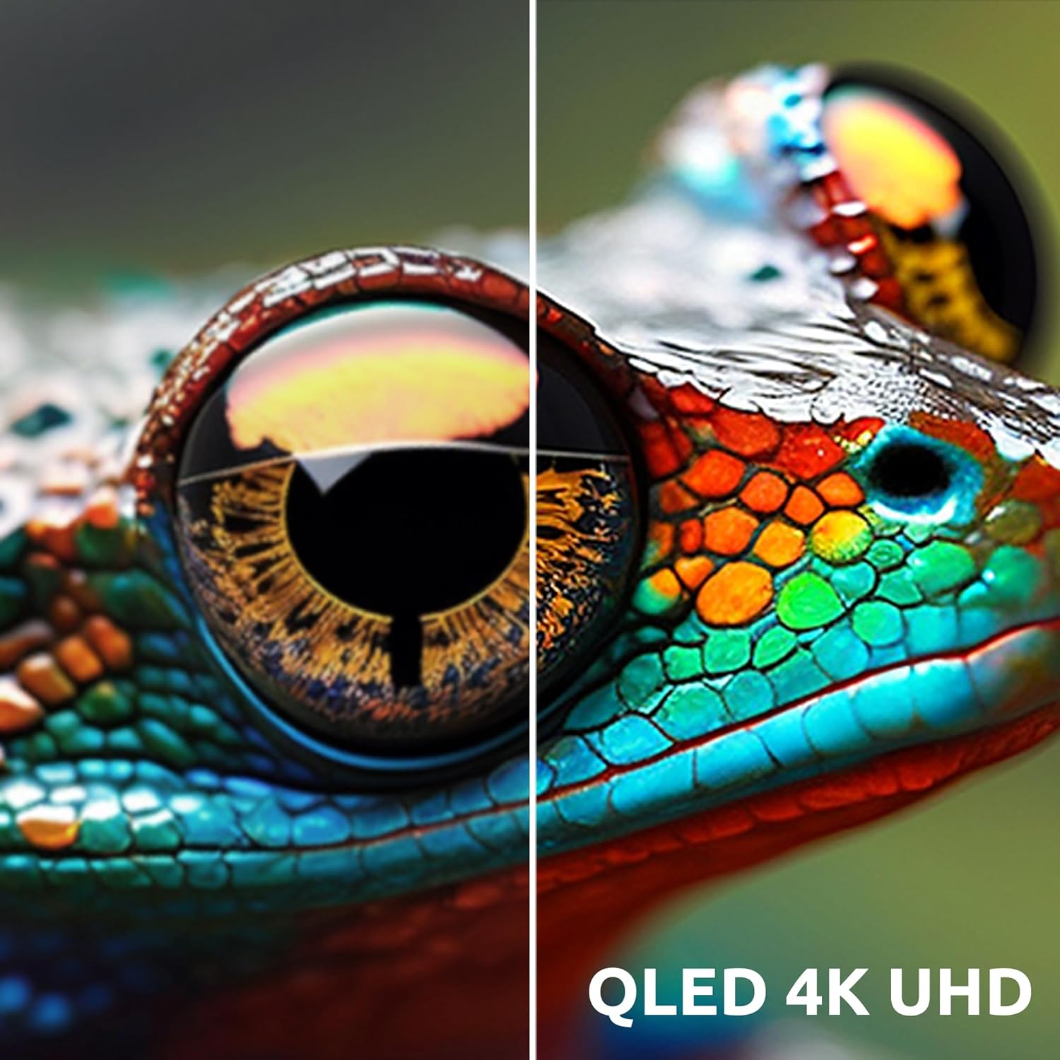 Close-up of a lizard's eye and skin texture, illustrating QLED 4K UHD display quality