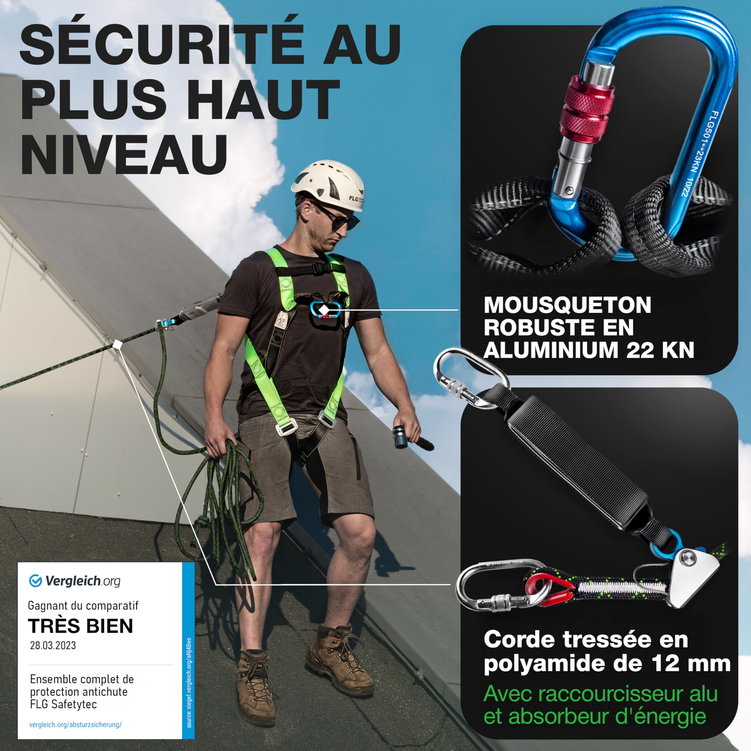 FLG Safetytec Kit complet de protection contre les chutes - Harnais de sécurité 2 points avec connecteur de 10m et sangle de 2m pour une sécurité maximale lors des travaux en hauteur selon EN353/361