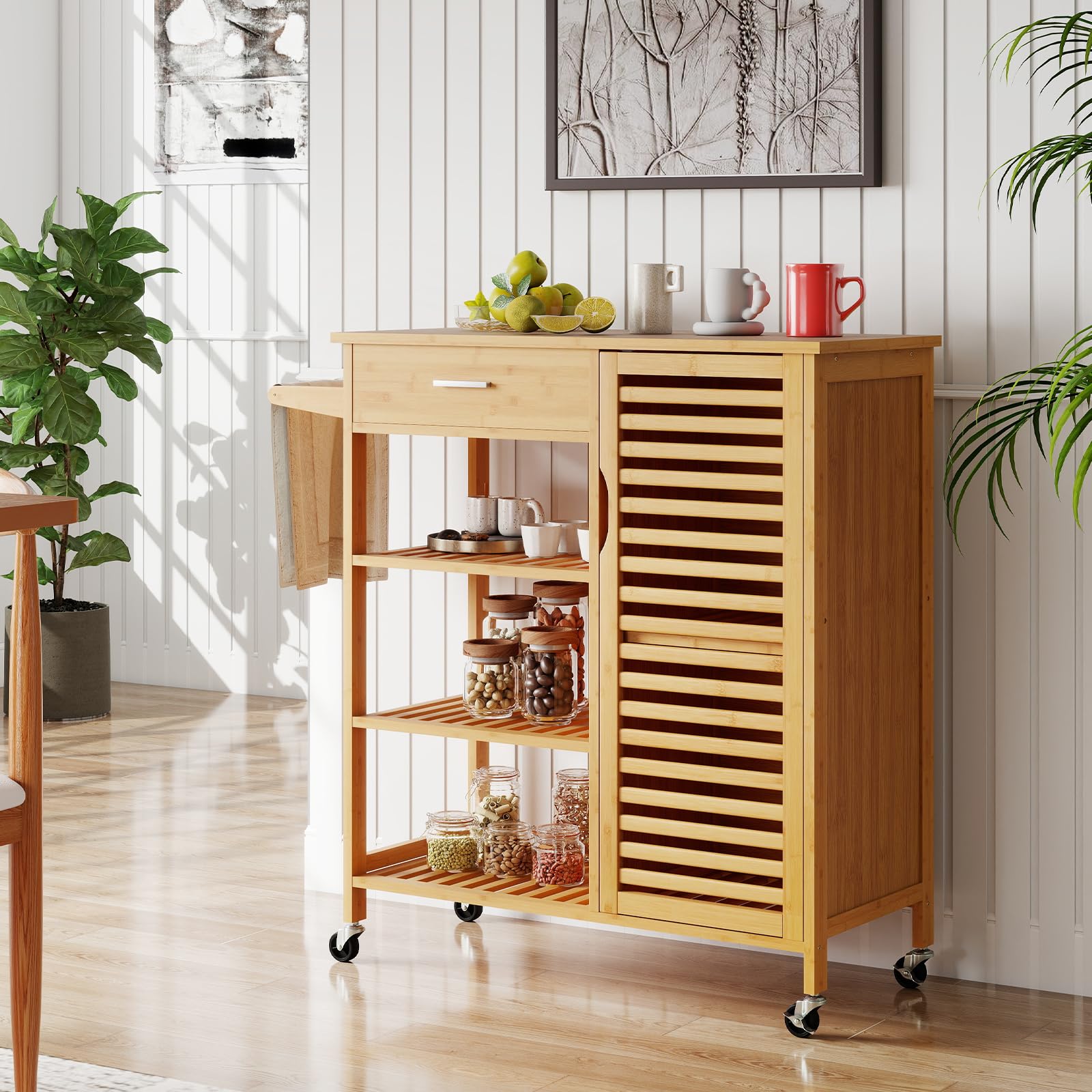 COSTWAY Carro de Cocina de Bambú, Carro de Servicio con Cajón y Puerta, Carro Rodante con 3 Estantes Abiertos y 4 Ruedas Universales, Mesa Móvil para Cocina y Comedor, 91 x 44 x 89 cm