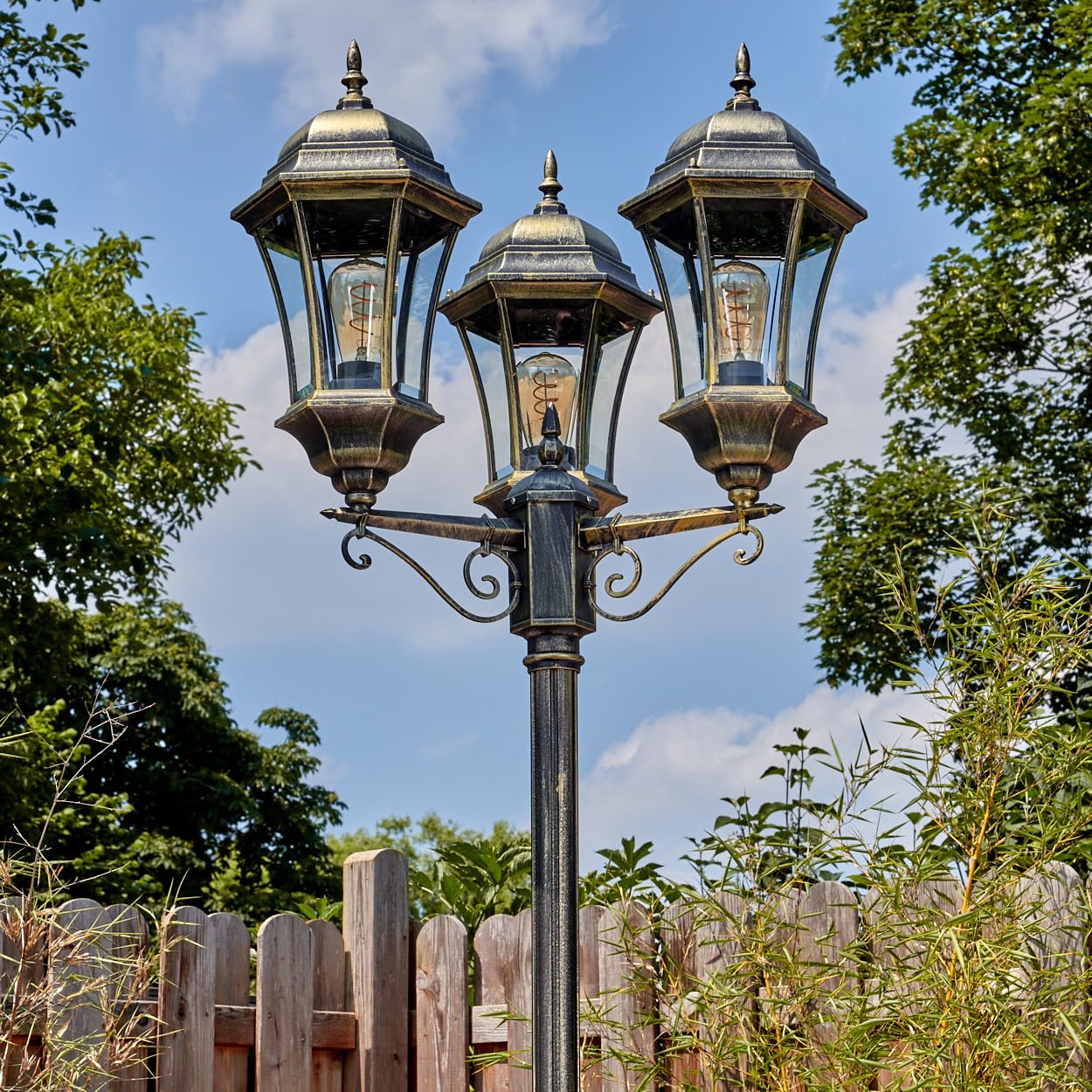 Etoe kandelabr, zewnętrzna lampa chodnikowa wykonana z metalu/szkła w kolorze czarnymno-złotym/przezroczystym, antyczny/dom wiejski, lampa do ogrodu/tarasu, wysokość 250 cm, 3 x E27, bez żarówki, IP44