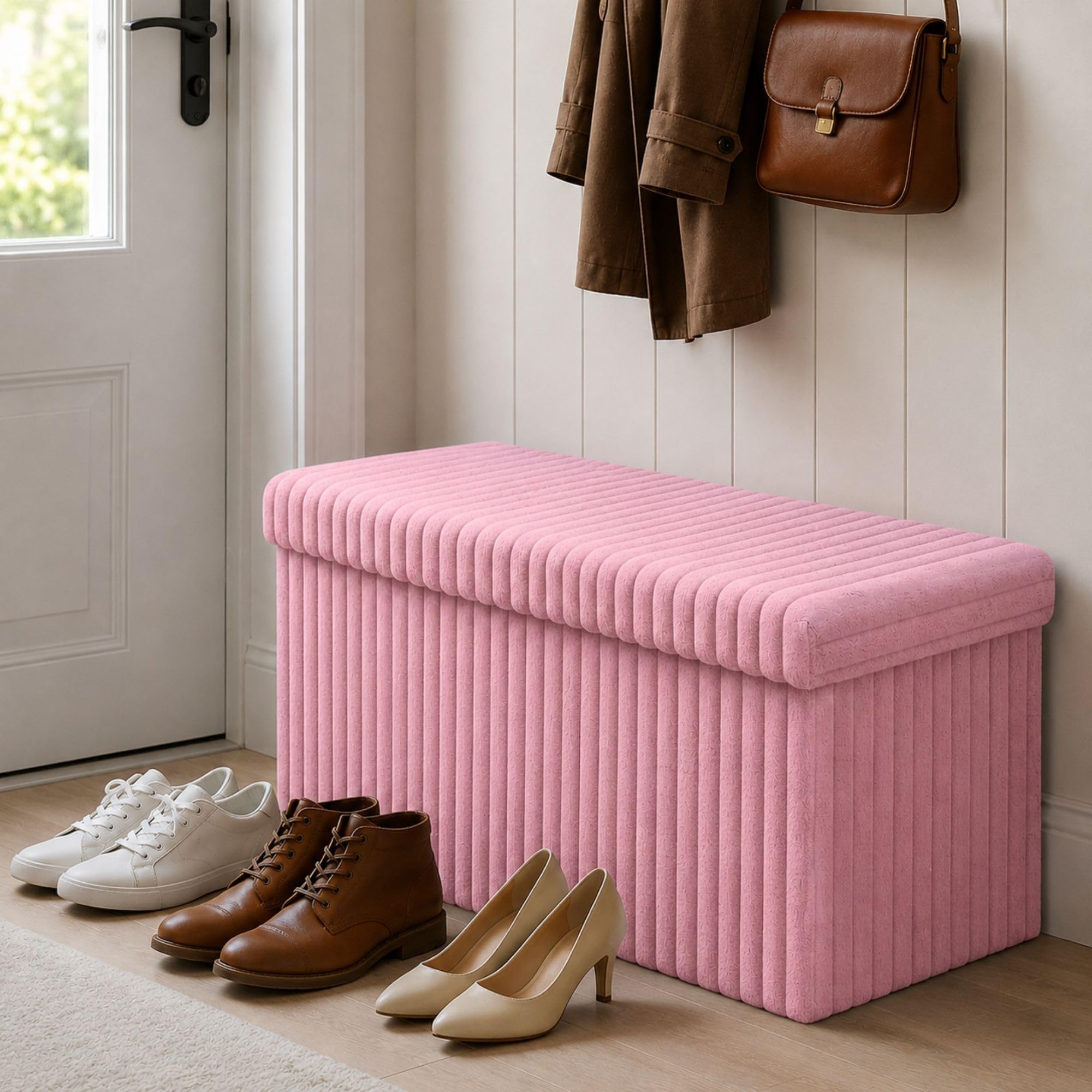 Ribbed Velvet Storage Ottoman Box – Foldable, Stylish & Multi-Purpose Seat with Lid | Available in 5 Colours | Bedroom, Living Room, Entryway Pink Large