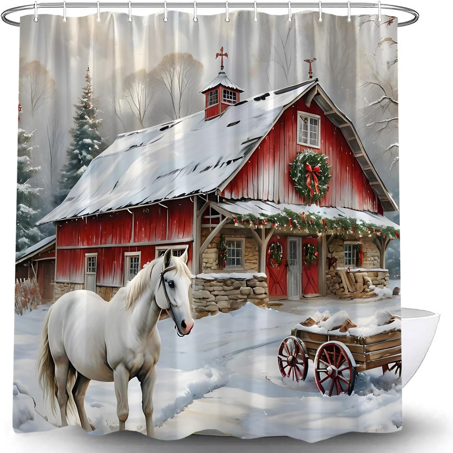 Rustic Christmas Horse Shower Curtain Farmhouse Wild Animal Red Barn Door Nature Xmas Tree Snow Forest Winter Holiday Vintage Decor Bathroom Curtain Set with Hook