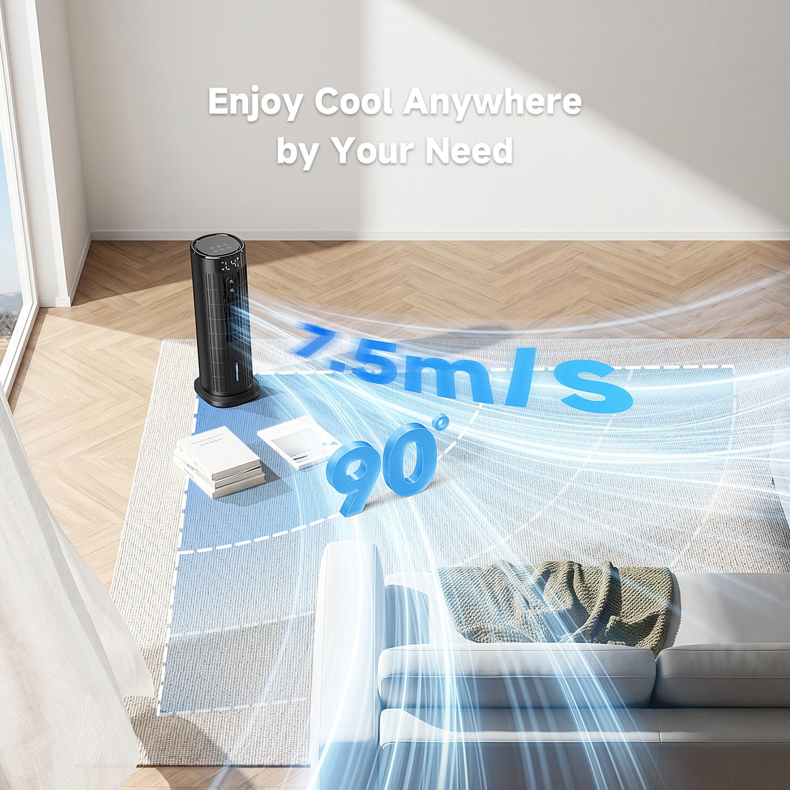 Climatiseur Mobile Portable Sans Lames 2026, Ventilateur Puissante 7.5 m/s, Nouveau Moteur CC (<35 dB), Refroidisseur d'Air Portable avec Oscillation 90°, Minuteur 10H, 4 Vitesses, Télécommande, Noir