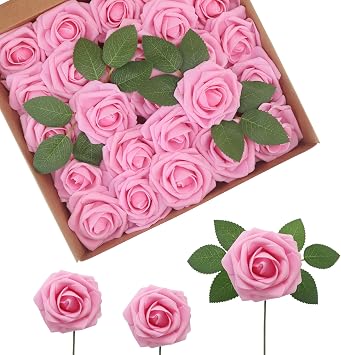 100PCS Dark Pink Artificial Flowers Realistic Roses, Real Looking Fake Roses with Stem for DIY Wedding Bouquets Centerpieces Bridal Shower Party Home Romantic Decorations Dark Pink, 100pcs