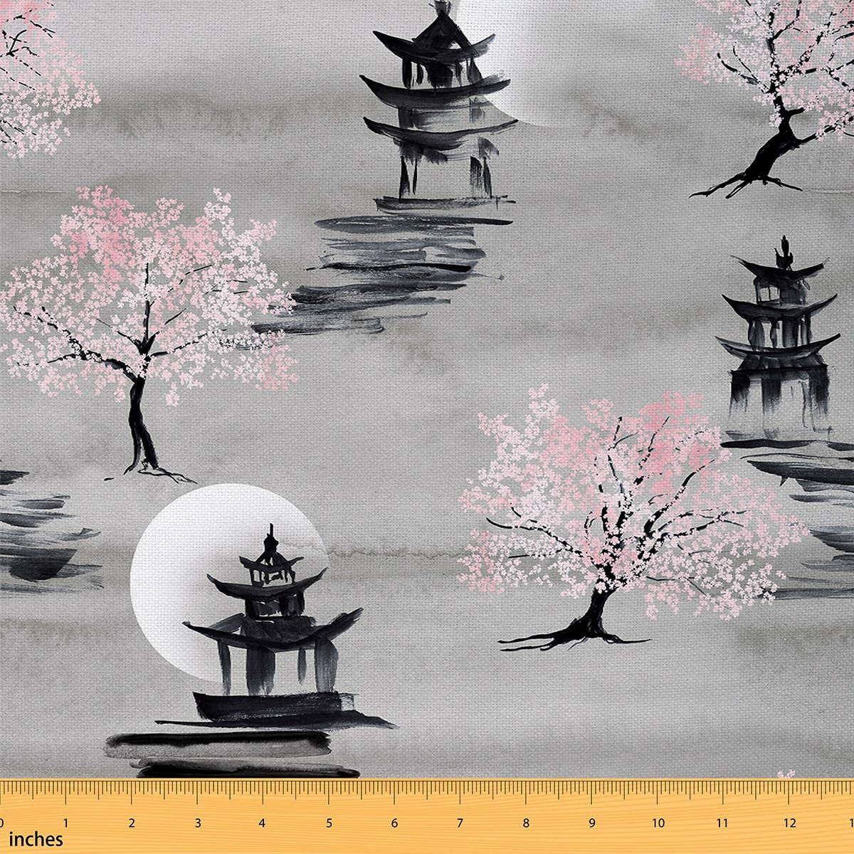 Japanese Telas al metro, Silla de tela flor de cerezo exótico 184x150cm, oriental Pagoda Sakura Sofá Telas para la decoración del hogar y proyectos de bricolaje para el hogar, gris rosa