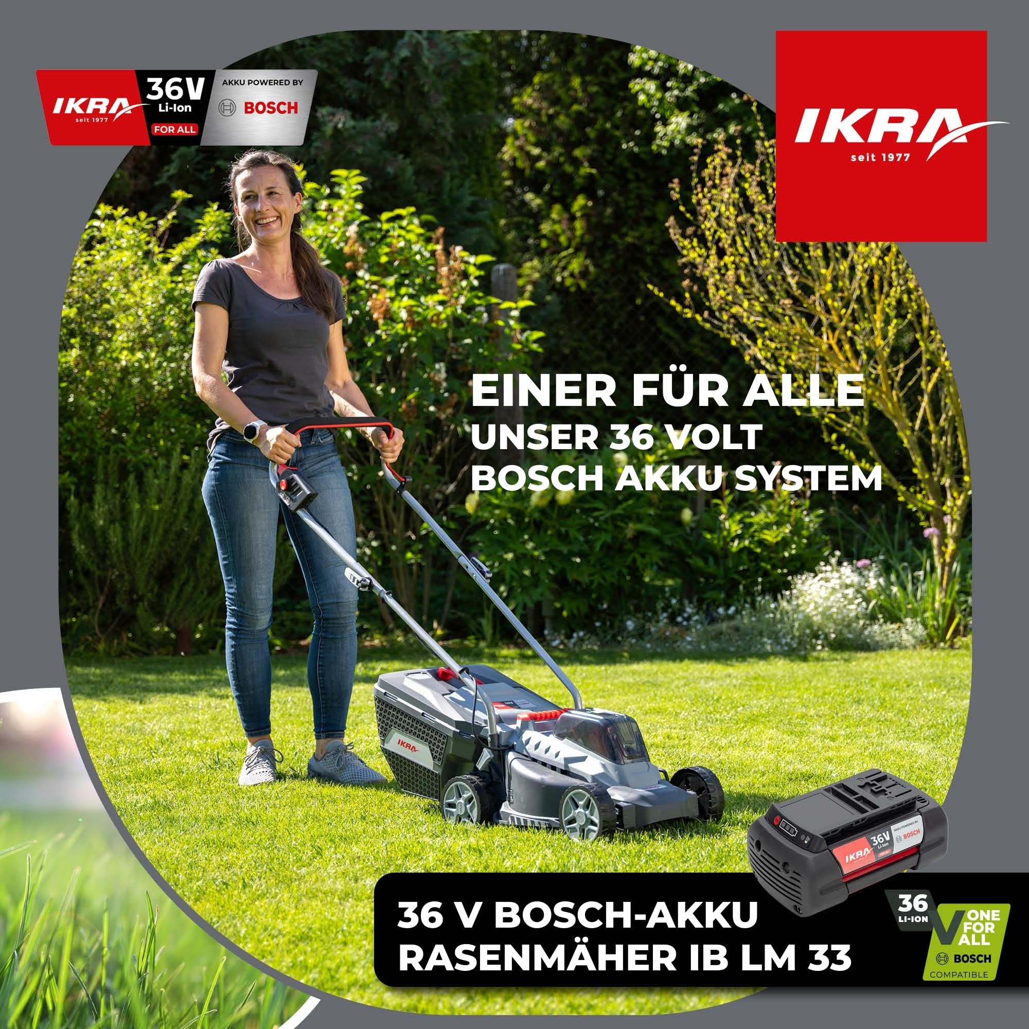 IKRA Rasenmäher IB-LM 33, Schnittbreite 33cm, ohne 36V Akku & Ladegerät | Kompatibel mit Bosch, empfohlene Rasenflächen bis 250m², Schnitthöhe 30-70mm, Fangkorb 30l, leicht, kompakt & ergonomisch