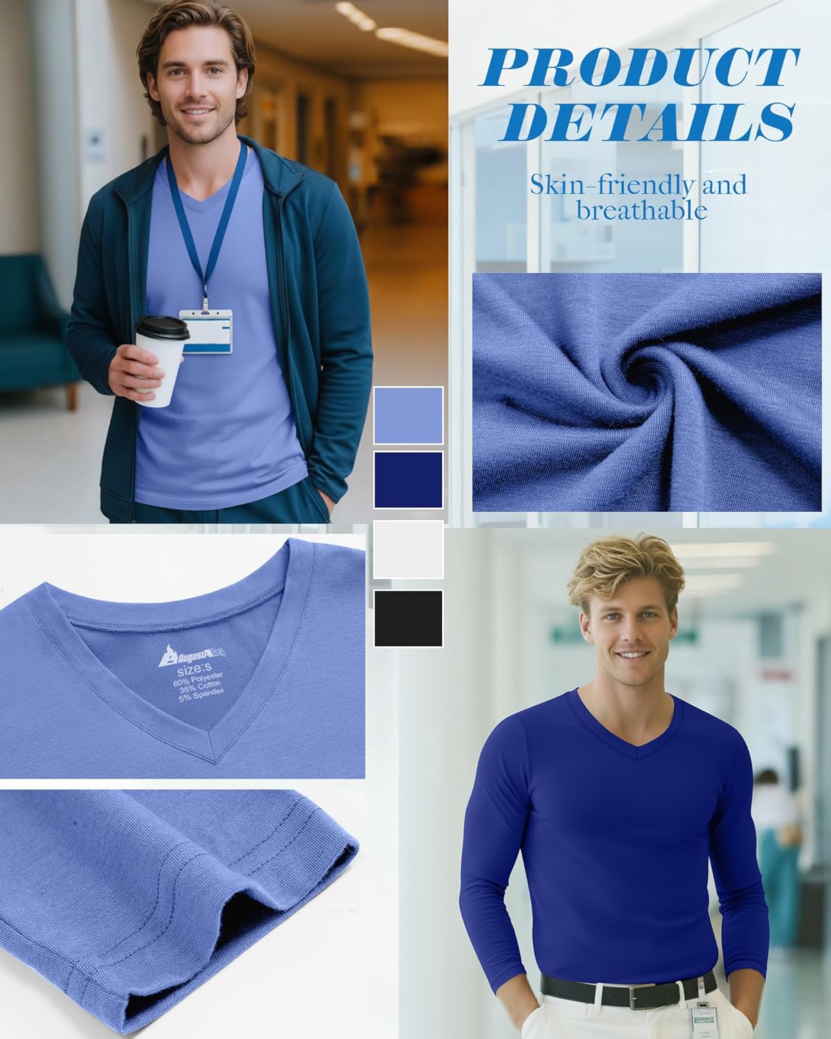 4 Pack Men's Under Scrubs Long Sleeve V Neck Shirts Basic Casual Fitted Underwear Stretchy Layering Tees Tops - Image 4