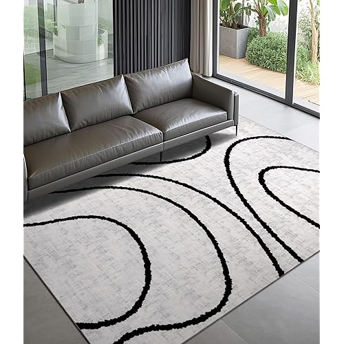 YIHOUSE Modern Area Rugs for Bedroom,5x7 Washable Black and White Rug, Thin Abstract Geometric Minimalist Striped Rug, Black Rugs for Bedroom,Kitchen,Dining Room Office