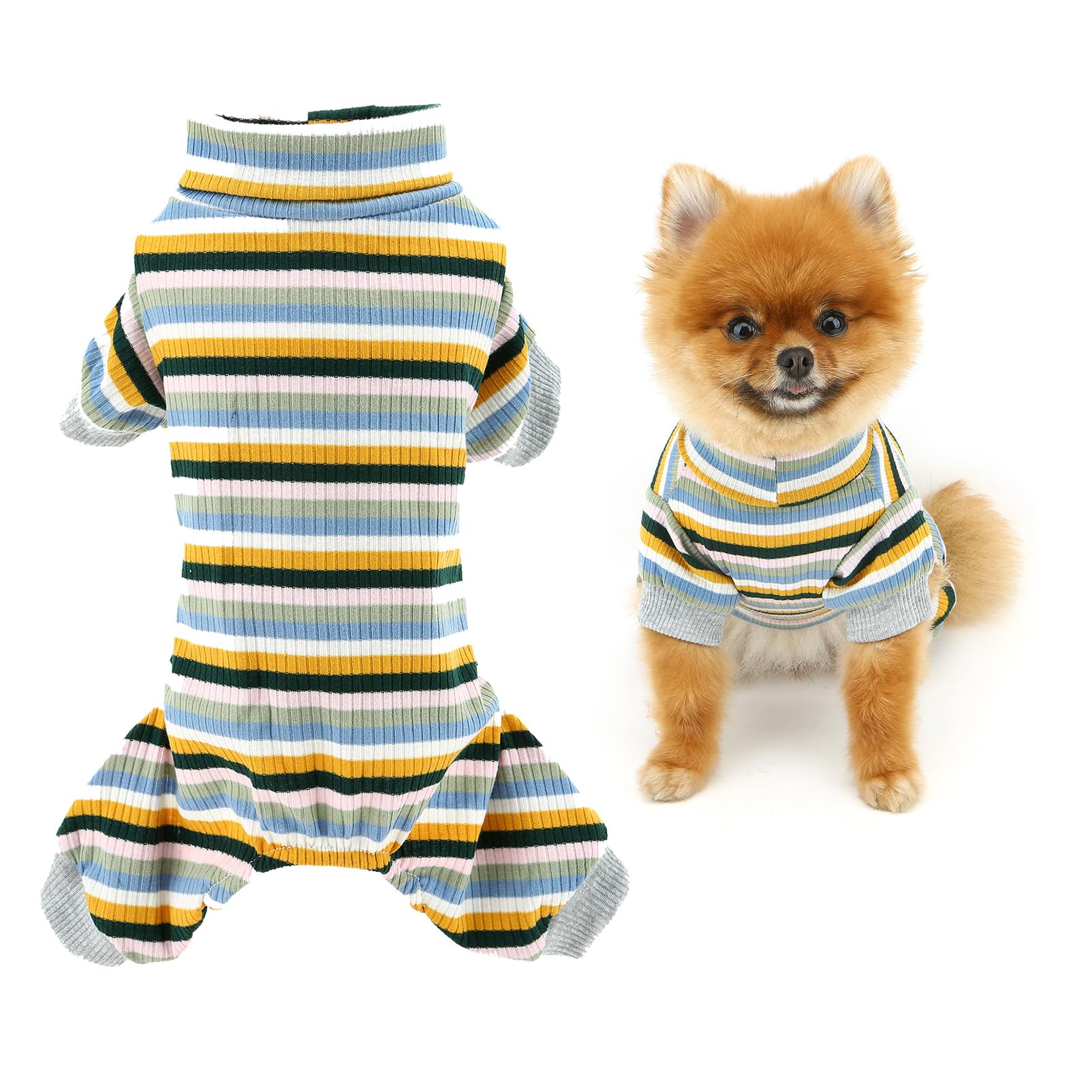 SMALLLEE_LUCKY_STORE Cotton Dog Pajamas for Small Dog Rainbow Striped Puppy Pullover Jumpsuit with Turtle Neck Stretchable Pet Pjs Summer Spring Pyjamas Breathable Chihuahua Yorkie Clothes, Green, L
