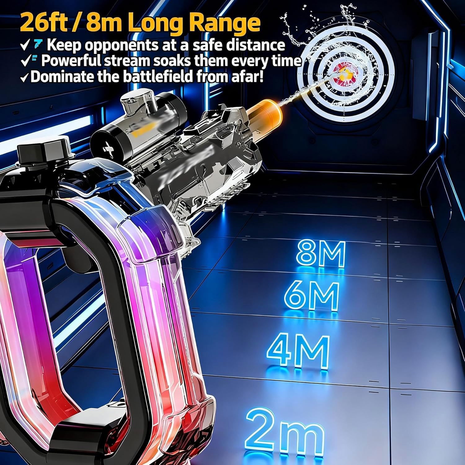 Kids Electric Water Gun with LED Lights, Elektrische Wasserpistole Erwachsene Kinder, Automatischer Wasserblaster mit LED-Licht, 900cc Spritzpistole Wasser Spielzeug für Sommer Strand Pool (Schwarz)