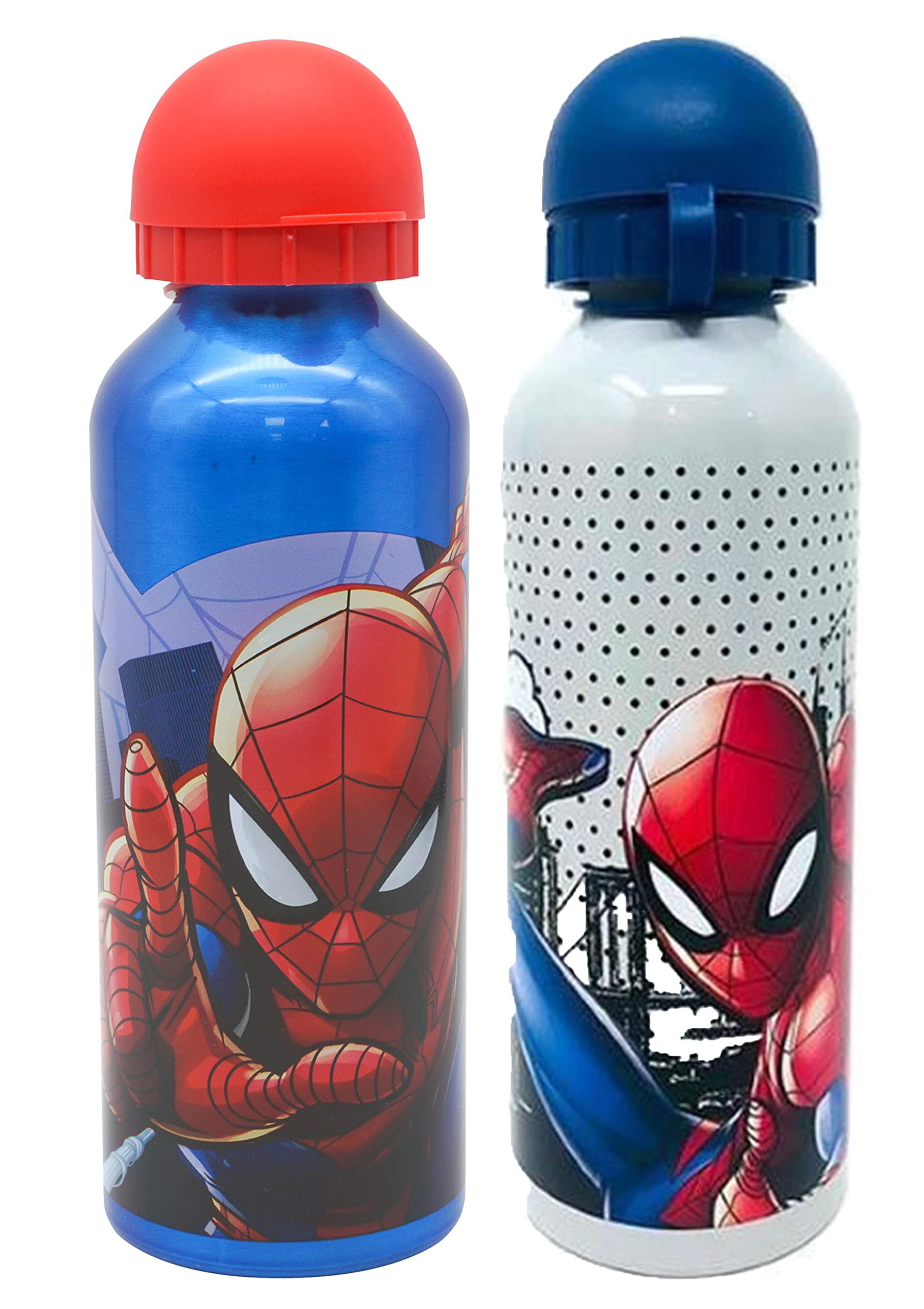 Hovuk Boys Blue And Silver Water Bottles 2Pk Spider-Man Aluminum Water Bottles 500Ml, Silver And Blue Color Canteen Sports Drinking Water Bottles 21Cm, Kids Summer Accessories For School, Traveling And Picnic Gift