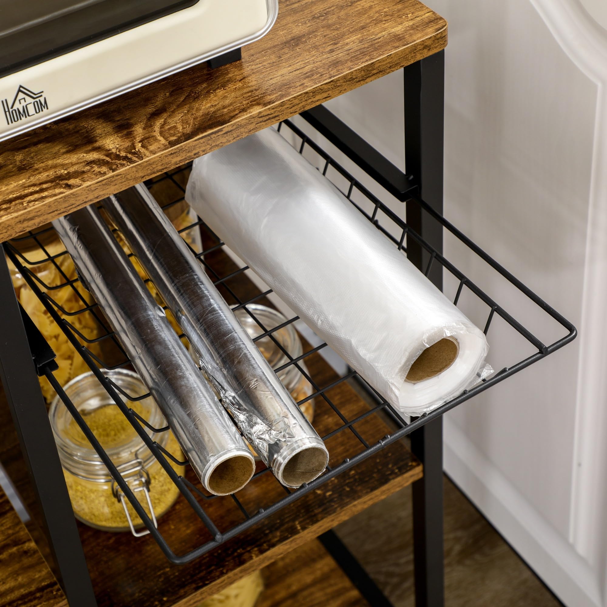 HOMCOM Scaffale da Cucina con Multipresa, Mobile Cucina per Microonde con Ripiani e Cestino a Rete Stile Industriale, 90x42x130cm, Marrone